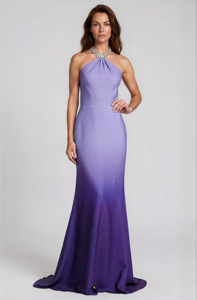 Embellished Halter Ombré Chiffon Gown