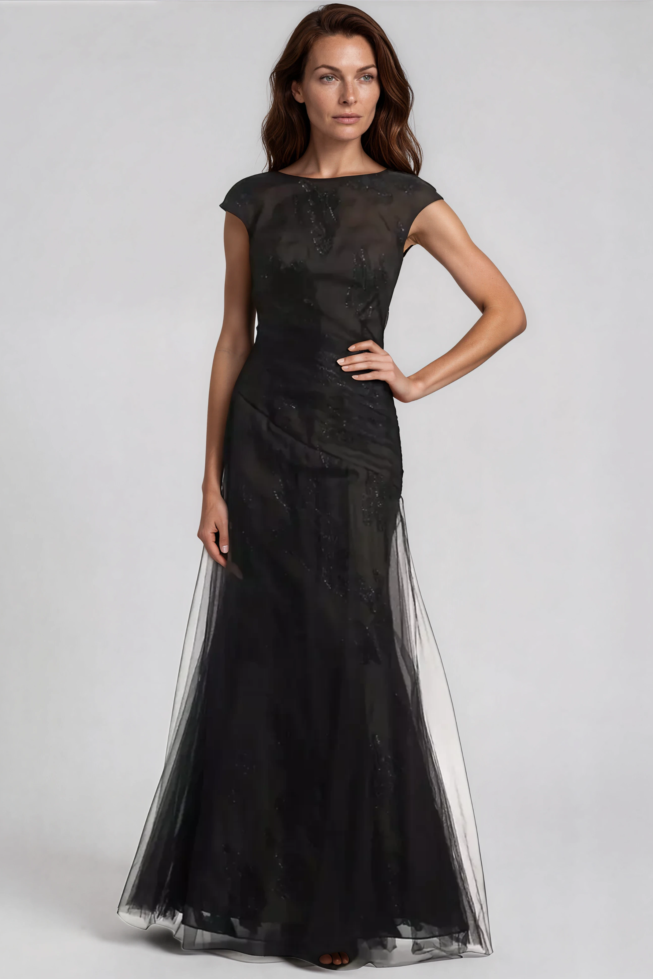 Cap Sleeve Illusion Fil Coupe Gown Gown Rene Ruiz Collection