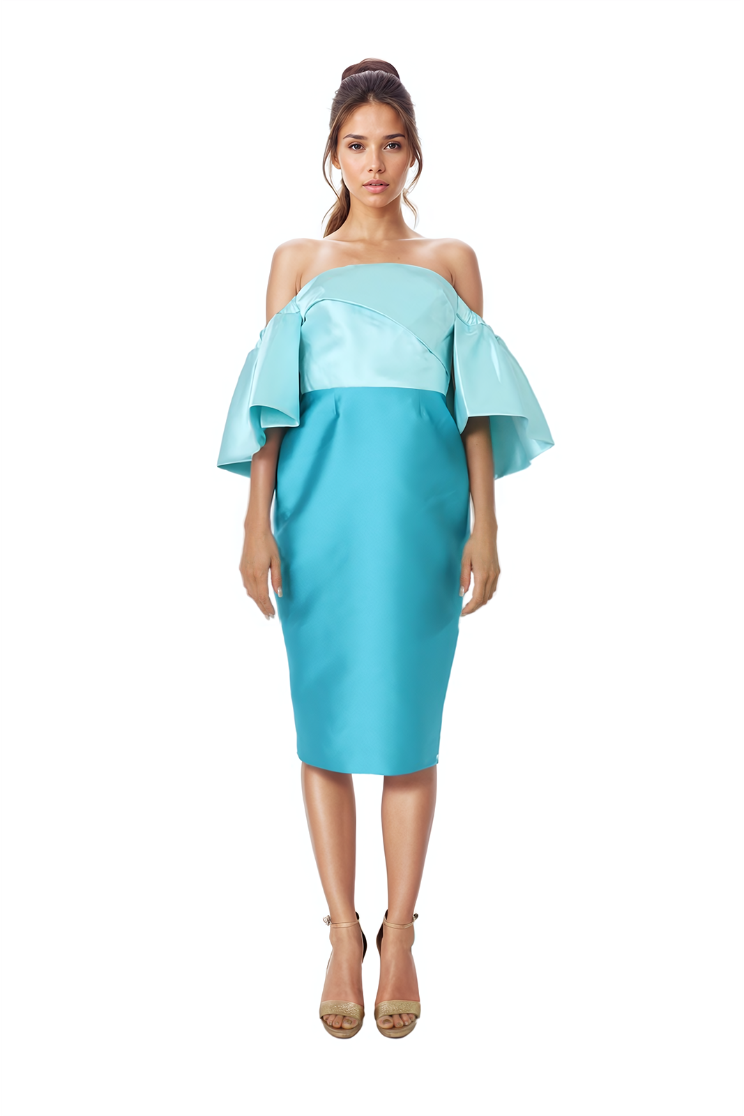 Off The Shoulder Mikado Puff Sleeve Cocktail Teal Aqua 