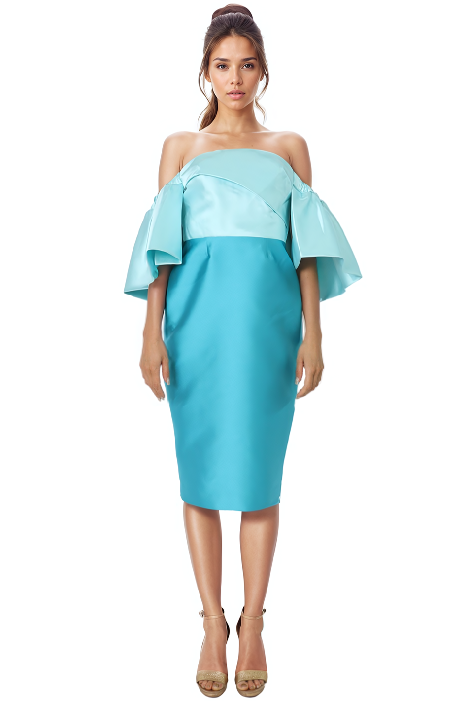 Off The Shoulder Mikado Puff Sleeve Cocktail Teal Aqua 