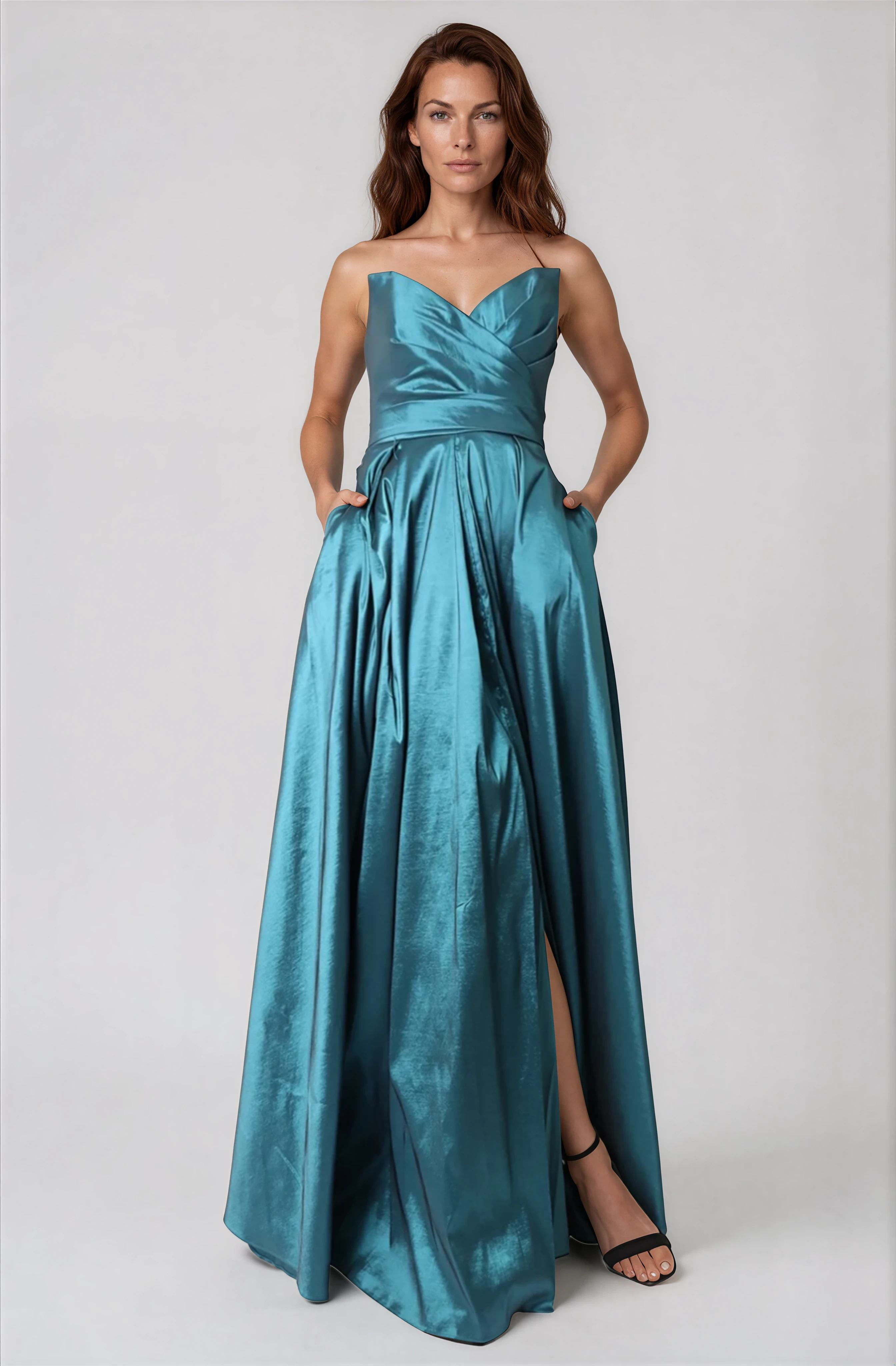 Strapless A-Line Taffeta Gown With Pockets and Slit Strapless A-Line Taffeta Gown With Pockets and Slit