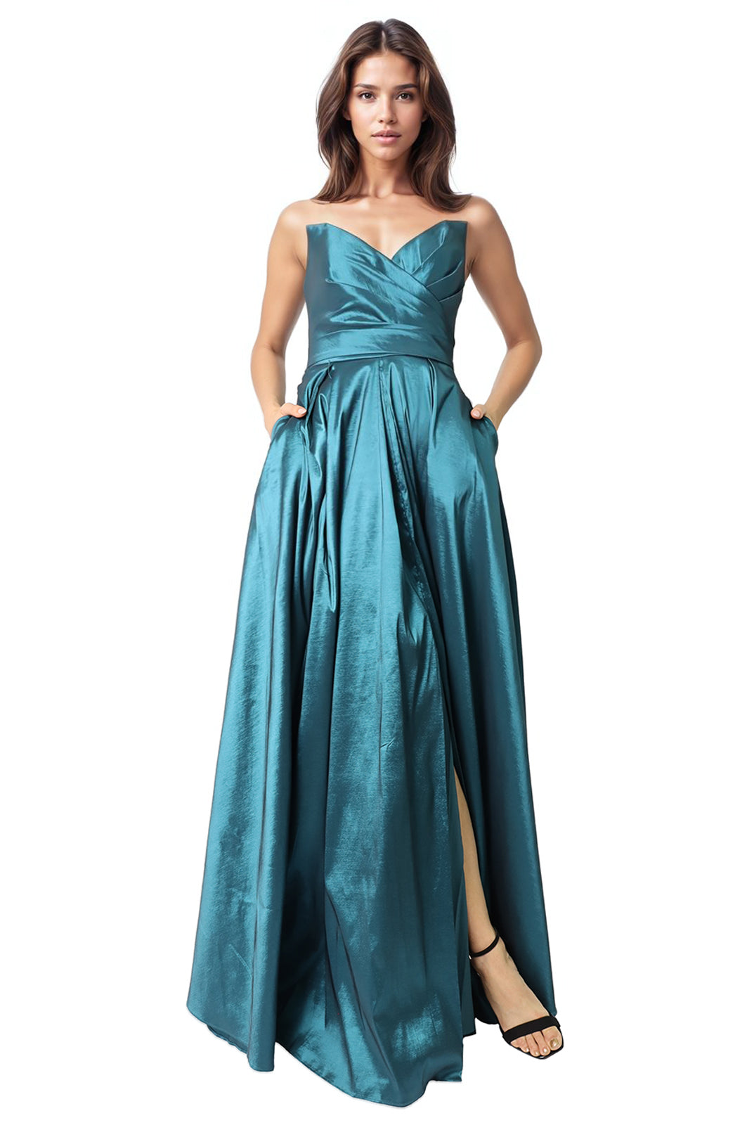 Strapless A-Line Taffeta Gown With Pockets and Slit