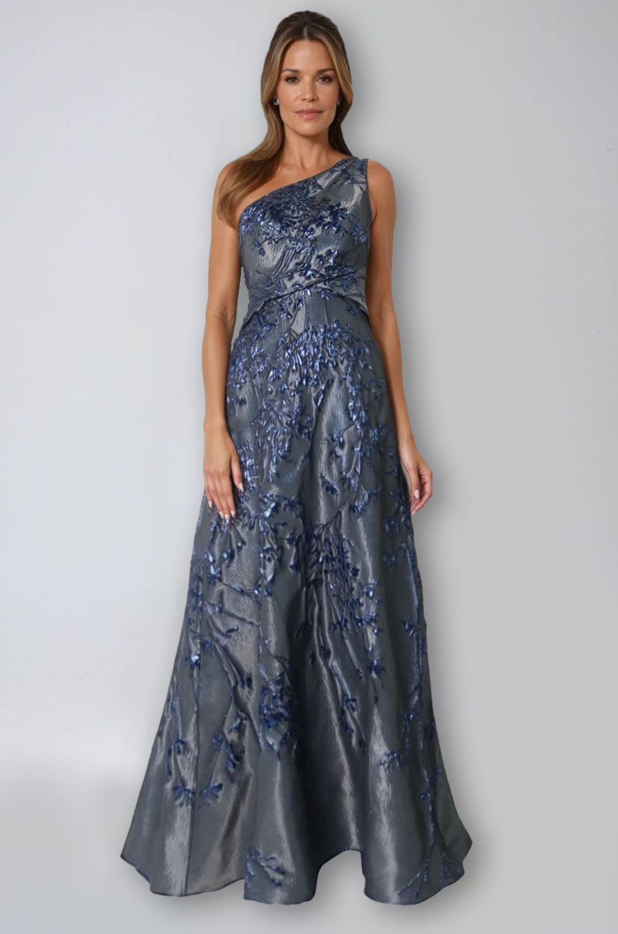One Shoulder Brocade Metallic Floral A-Line Gown Gown Rene Ruiz Collection