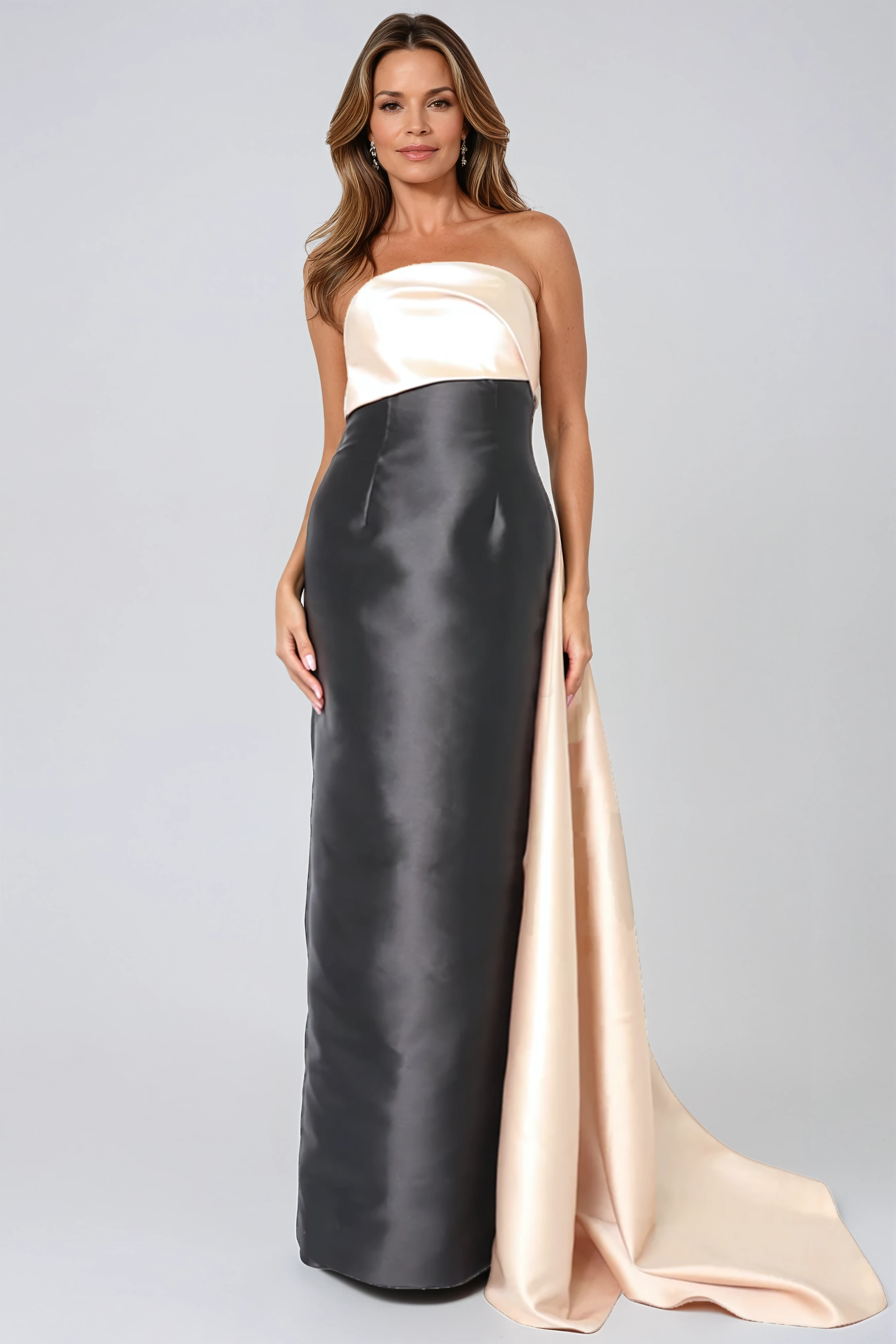 Strapless Two-Tone Satin Column Gown with Side Drape Gown Rene Ruiz Collection