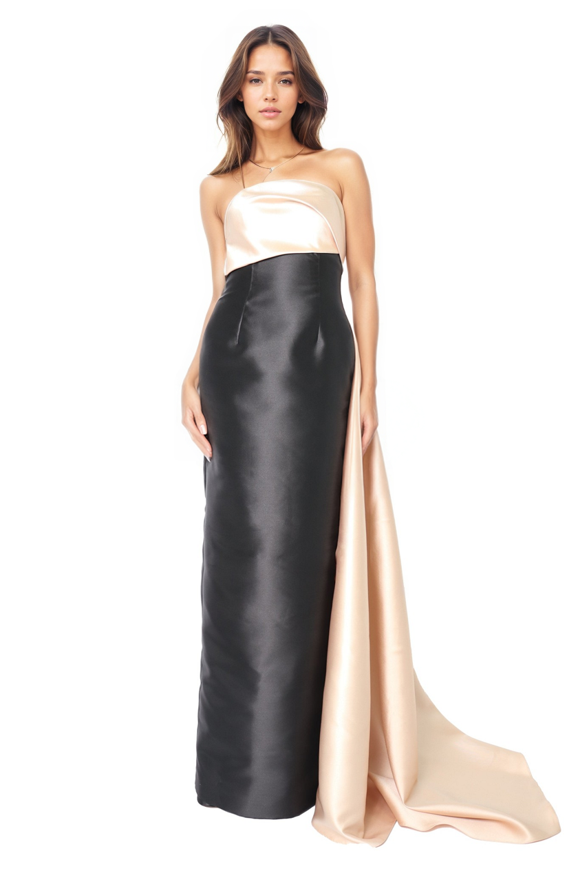 Strapless Two-Tone Satin Column Gown with Side Drape  