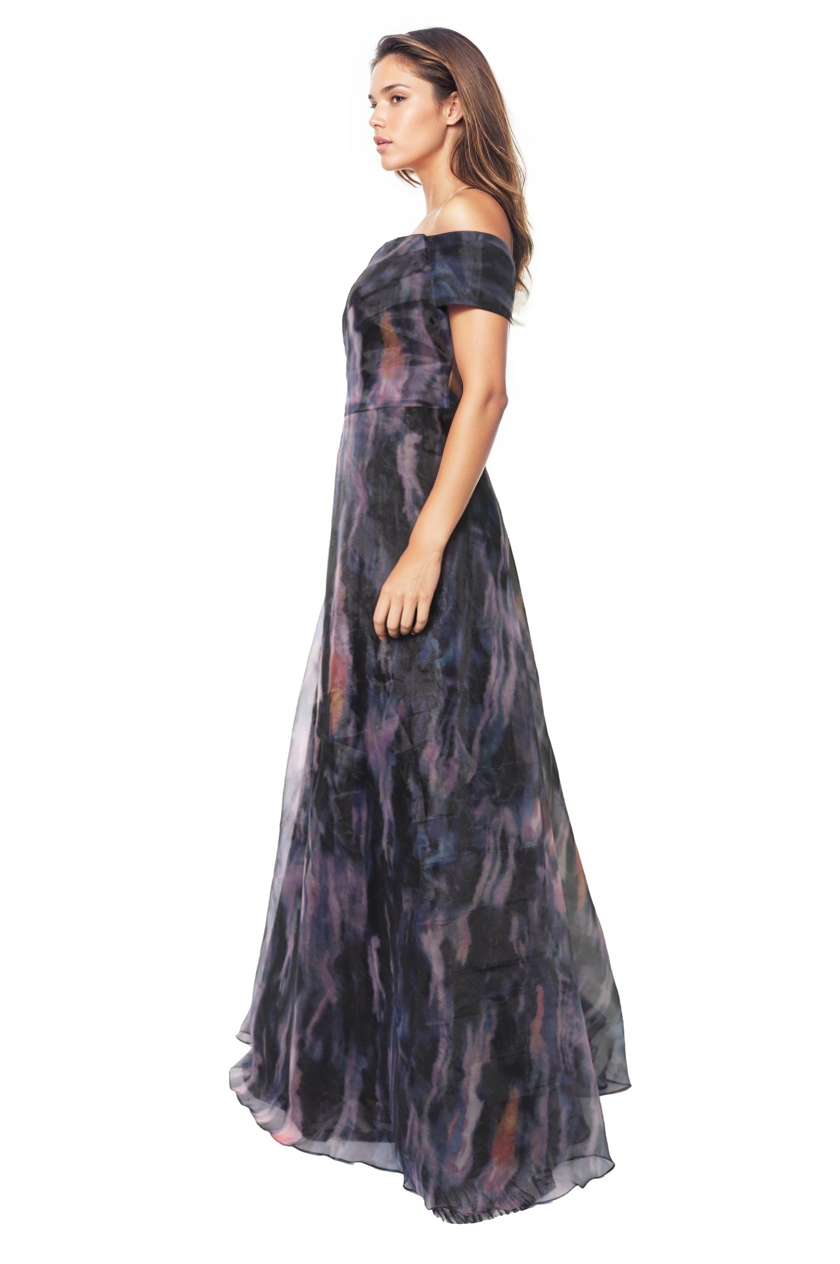 Off The Shoulder Printed Organza A-Line Gown  