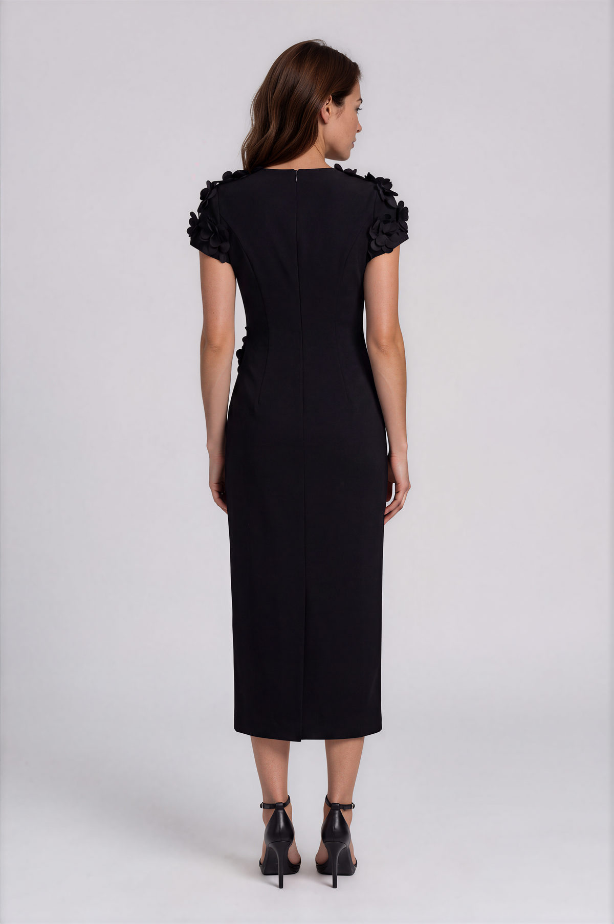High Neck Stretch Crepe Fit and Flare Cocktail Dress with Floral Appliqués Cocktail Rene Ruiz Collection