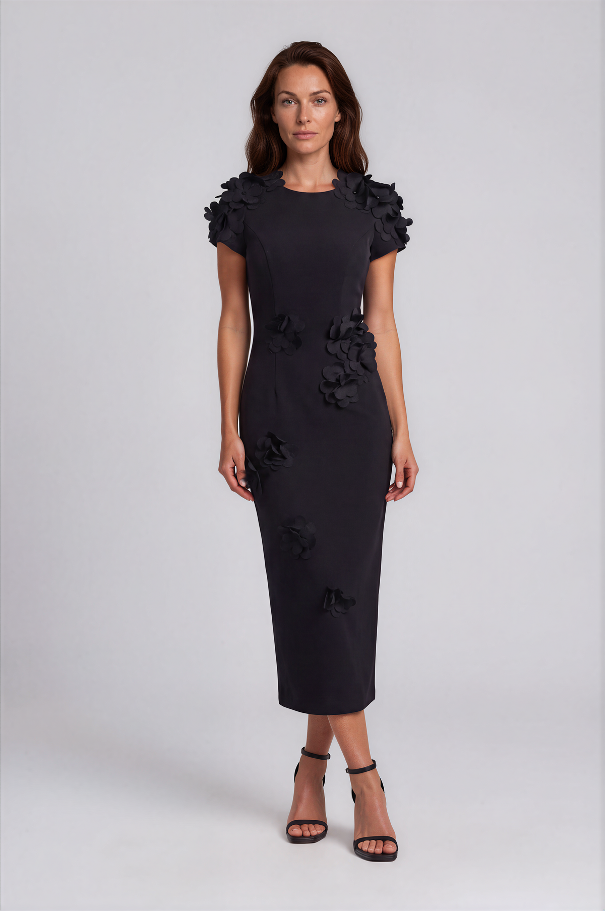 High Neck Stretch Crepe Fit and Flare Cocktail Dress with Floral Appliqués Cocktail Rene Ruiz Collection