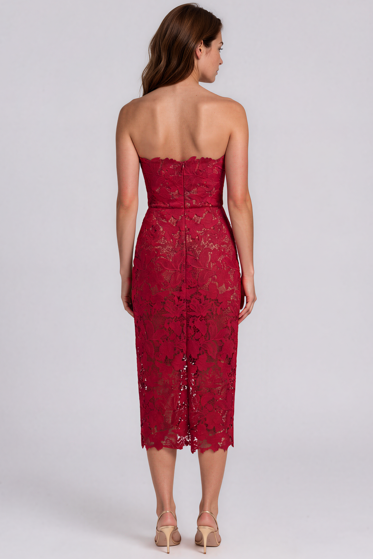 Strapless Guipure Lace Column Midi Dress with Scalloped Hem Cocktail Rene Ruiz Collection