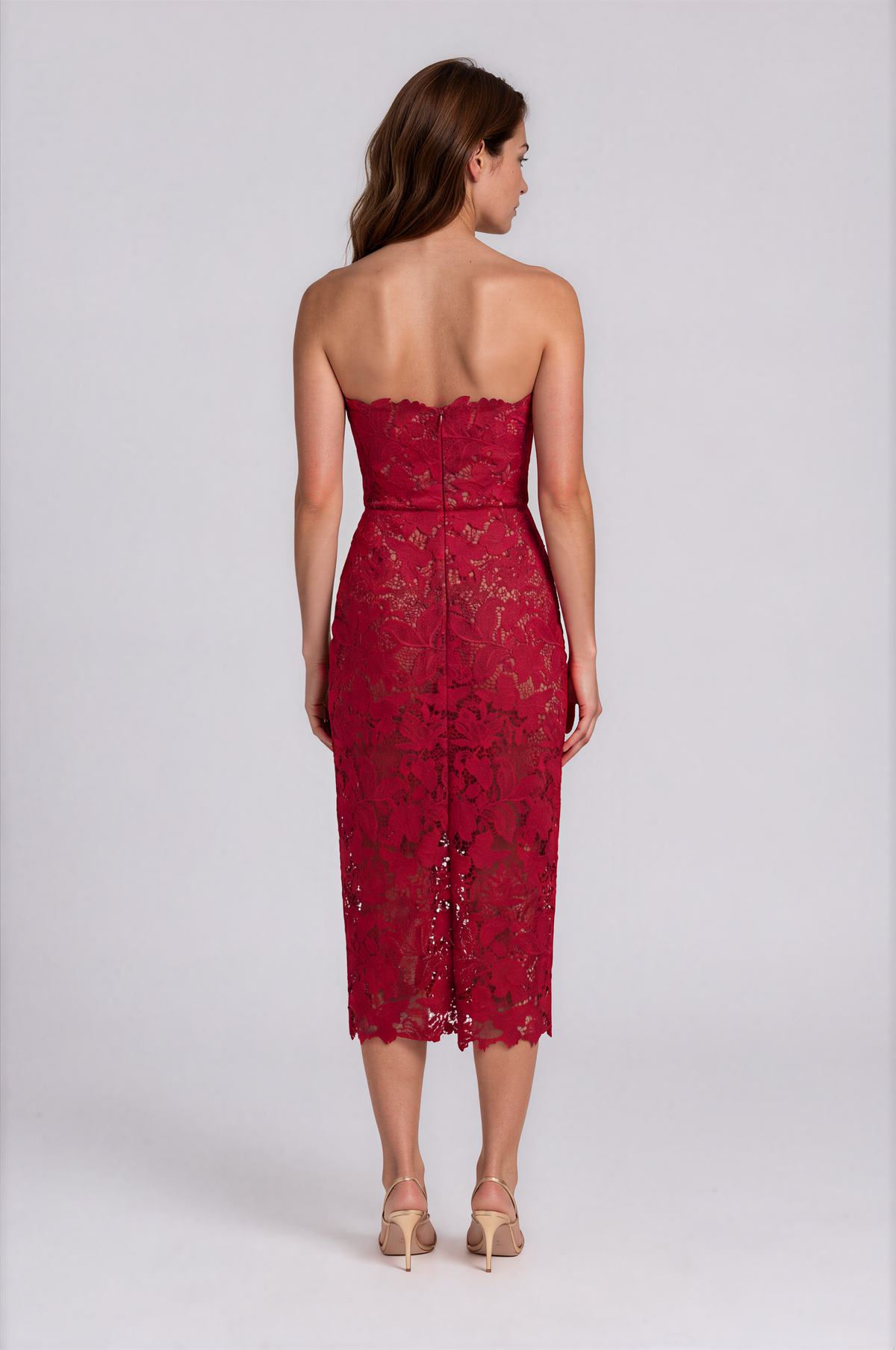 Strapless Guipure Lace Column Midi Dress with Scalloped Hem Cocktail Rene Ruiz Collection