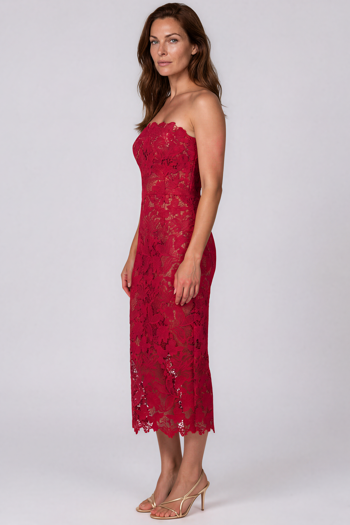 Strapless Guipure Lace Column Midi Dress with Scalloped Hem Cocktail Rene Ruiz Collection