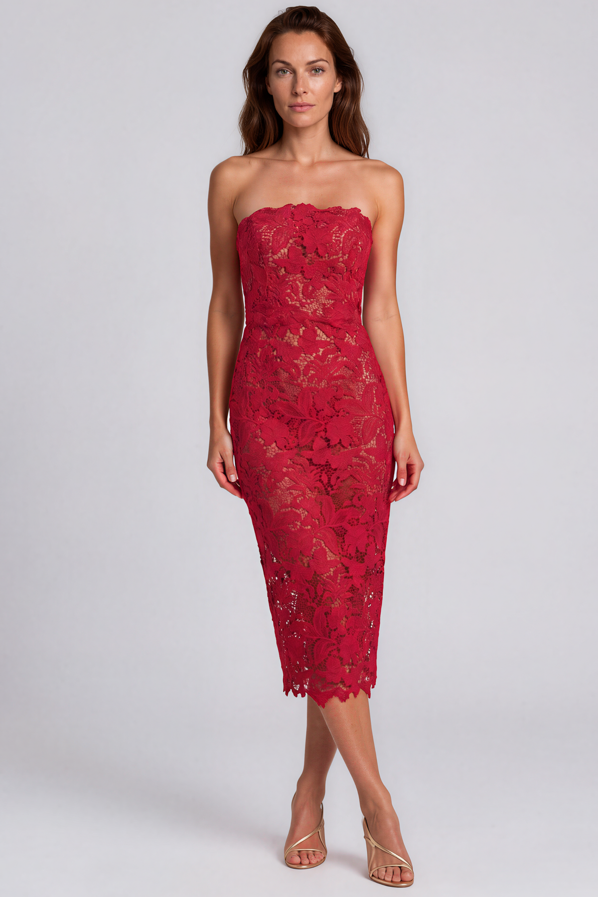 Strapless Guipure Lace Column Midi Dress with Scalloped Hem Cocktail Rene Ruiz Collection