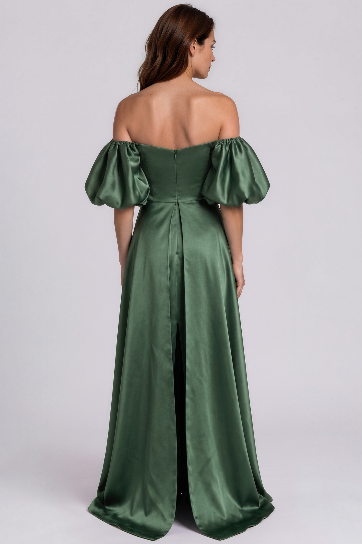 Off The Shoulder Mikado Puff Sleeve Column Gown with Back Train Panel Gown Rene Ruiz Collection