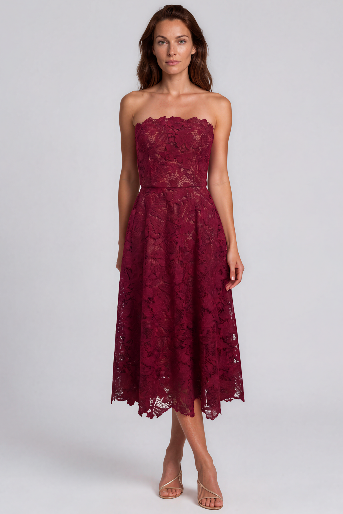 Strapless Guipure Lace A-Line Midi Cocktail Cocktail Rene Ruiz Collection