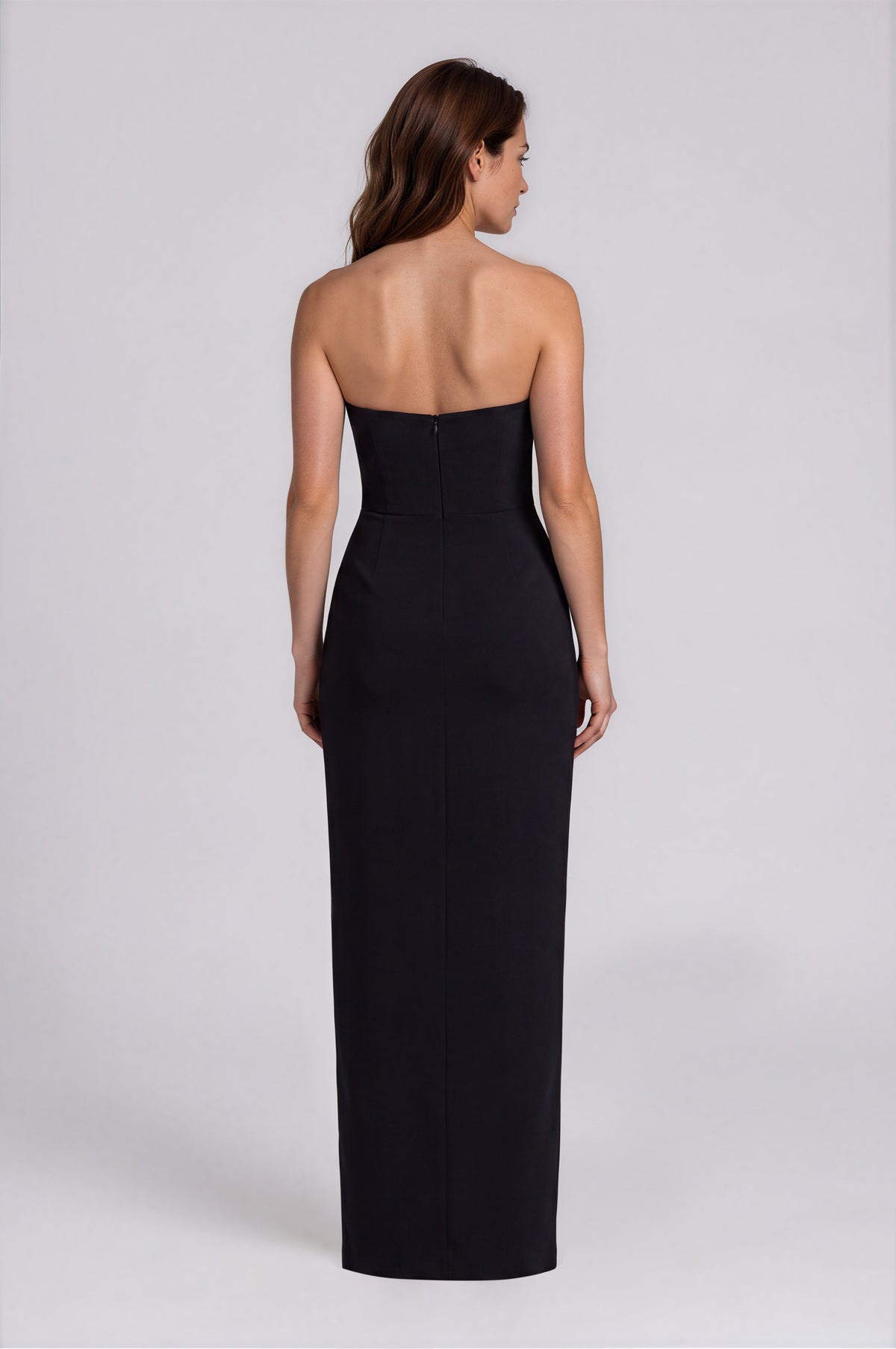 Strapless Crepe Column Gown with Metallic Floral Embroidered Appliqués Gown Rene Ruiz Collection