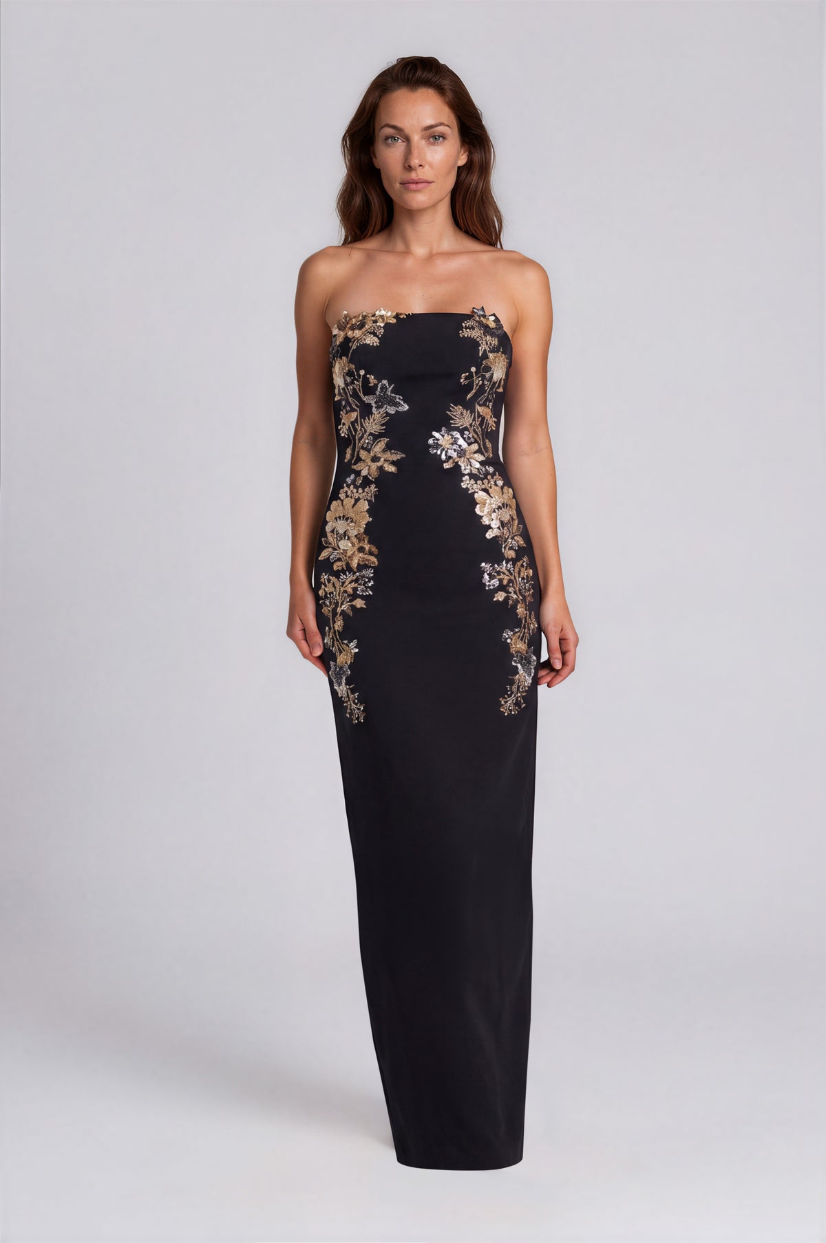 Strapless Crepe Column Gown with Metallic Floral Embroidered Appliqués Gown Rene Ruiz Collection