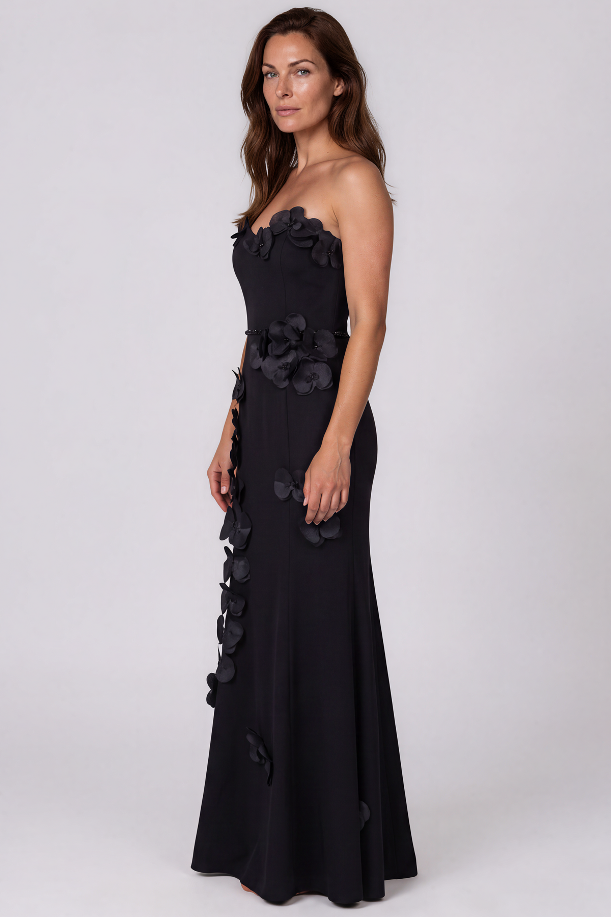 Strapless Crepe Mermaid Gown with 3D Floral Appliqués Gown Rene Ruiz Collection