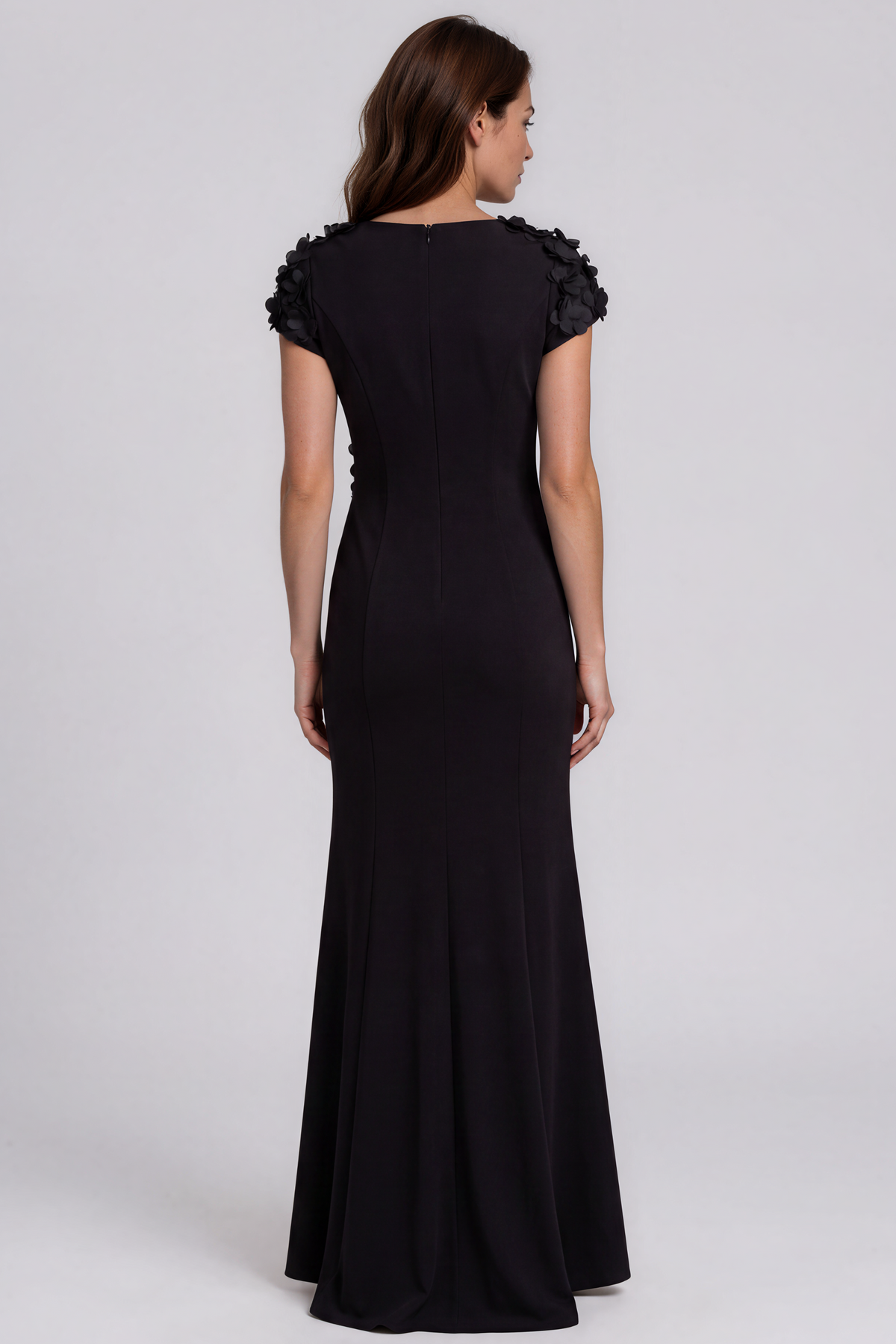 High Neck Stretch Crepe Fit And Flare Gown with Sequin Appliqués Gown Rene Ruiz Collection