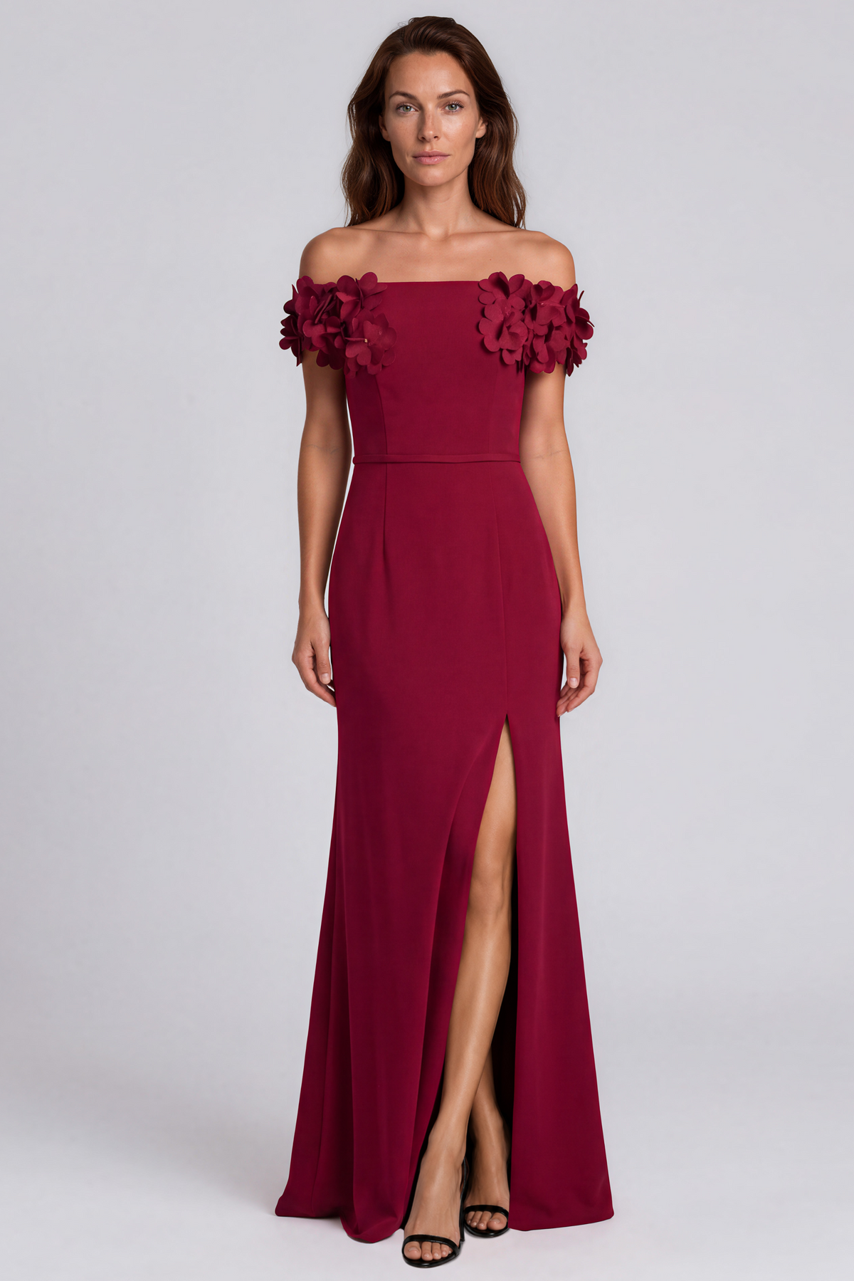 Off The Shoulder Crepe Fit and Flare Gown with Front Slit & 3D Floral Appliqués Gown Rene Ruiz Collection