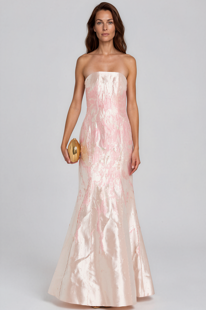 Strapless Metallic Brocade Fit And Flare Gown (Boca Stock) Gown Rene Ruiz Collection