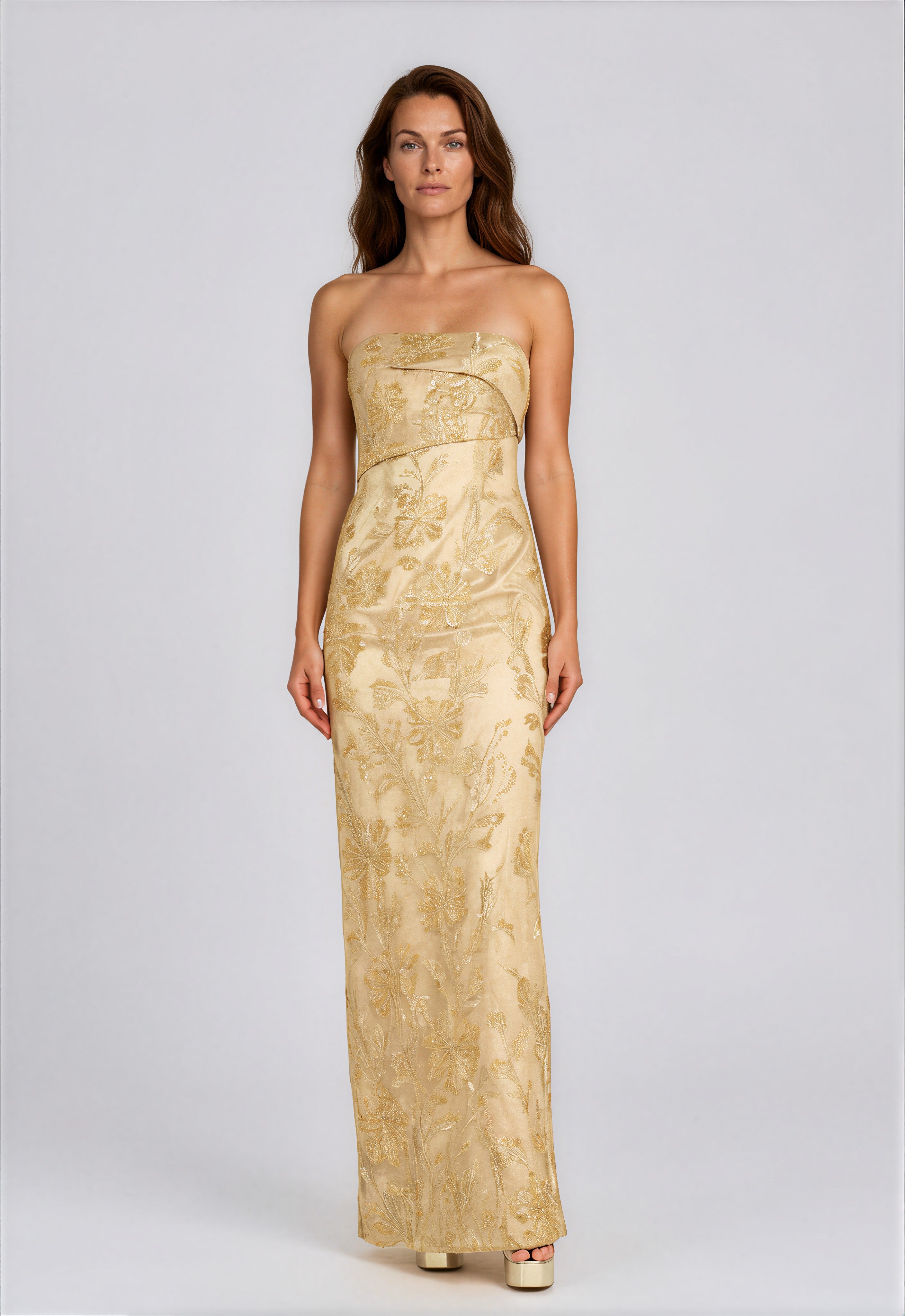 Embellished Floral Strapless Column Gown