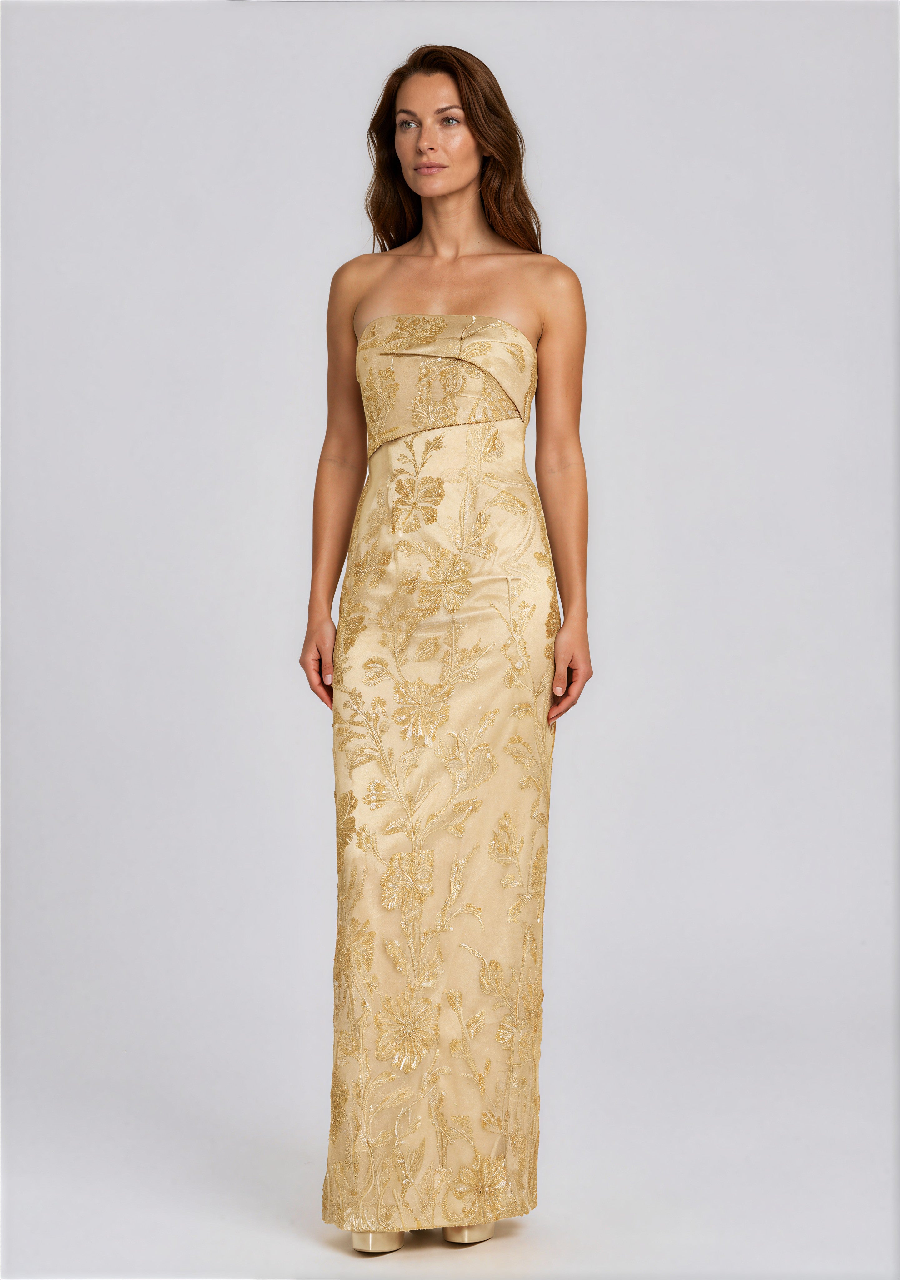 Embellished Floral Strapless Column Gown