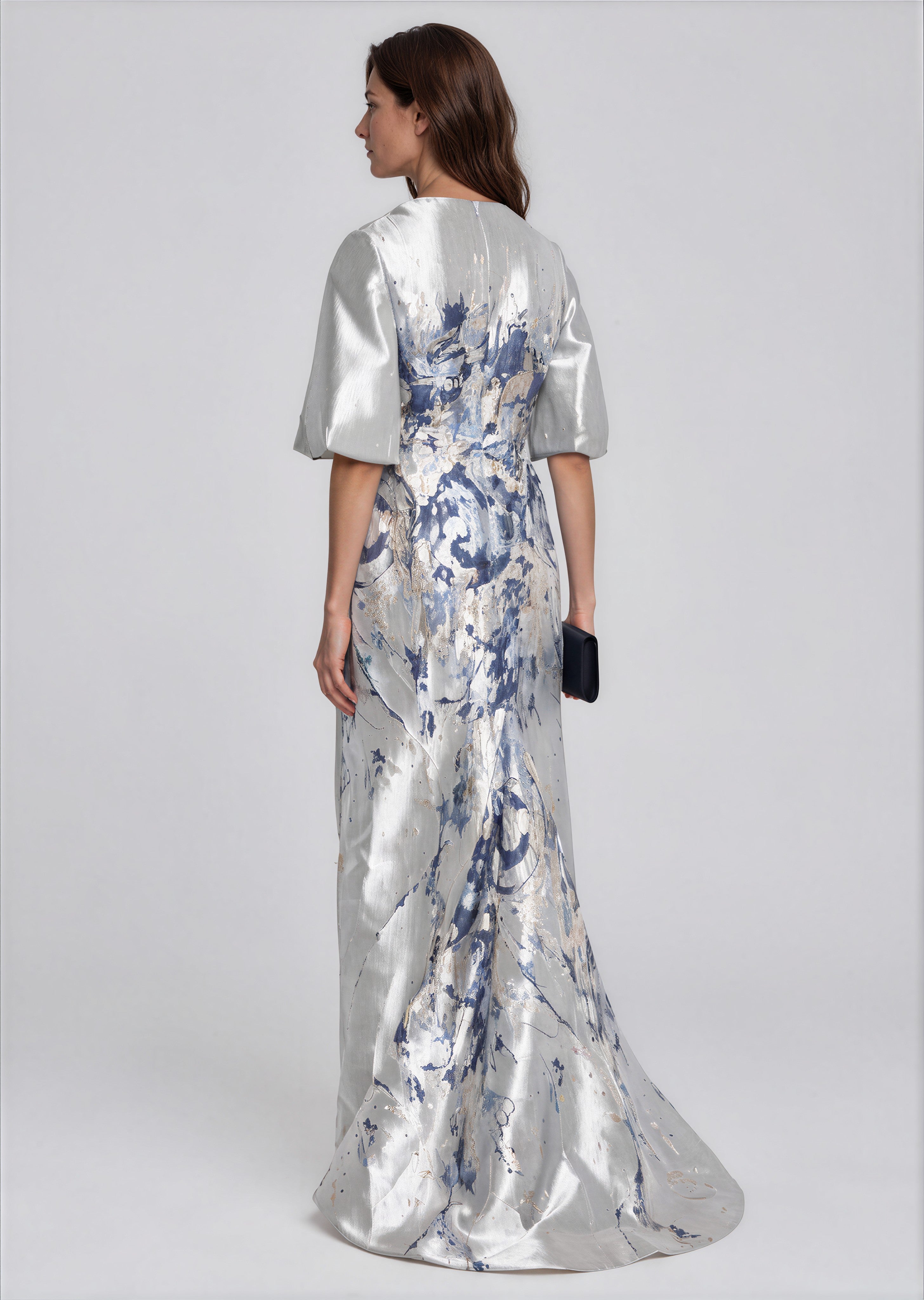 Metallic Brocade Puff-Sleeve Column Gown Gown Rene Ruiz Collection