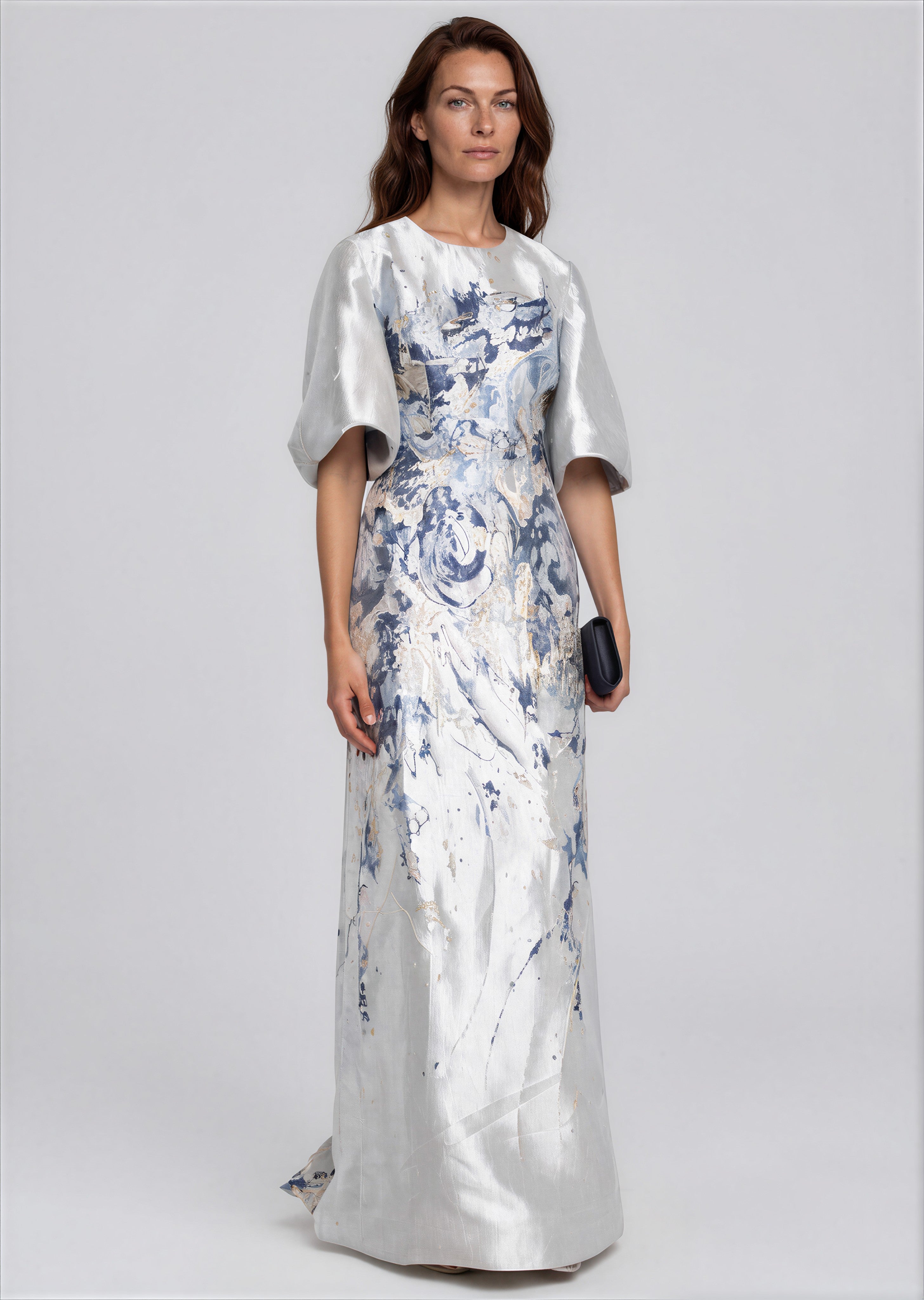 Metallic Brocade Puff-Sleeve Column Gown Gown Rene Ruiz Collection