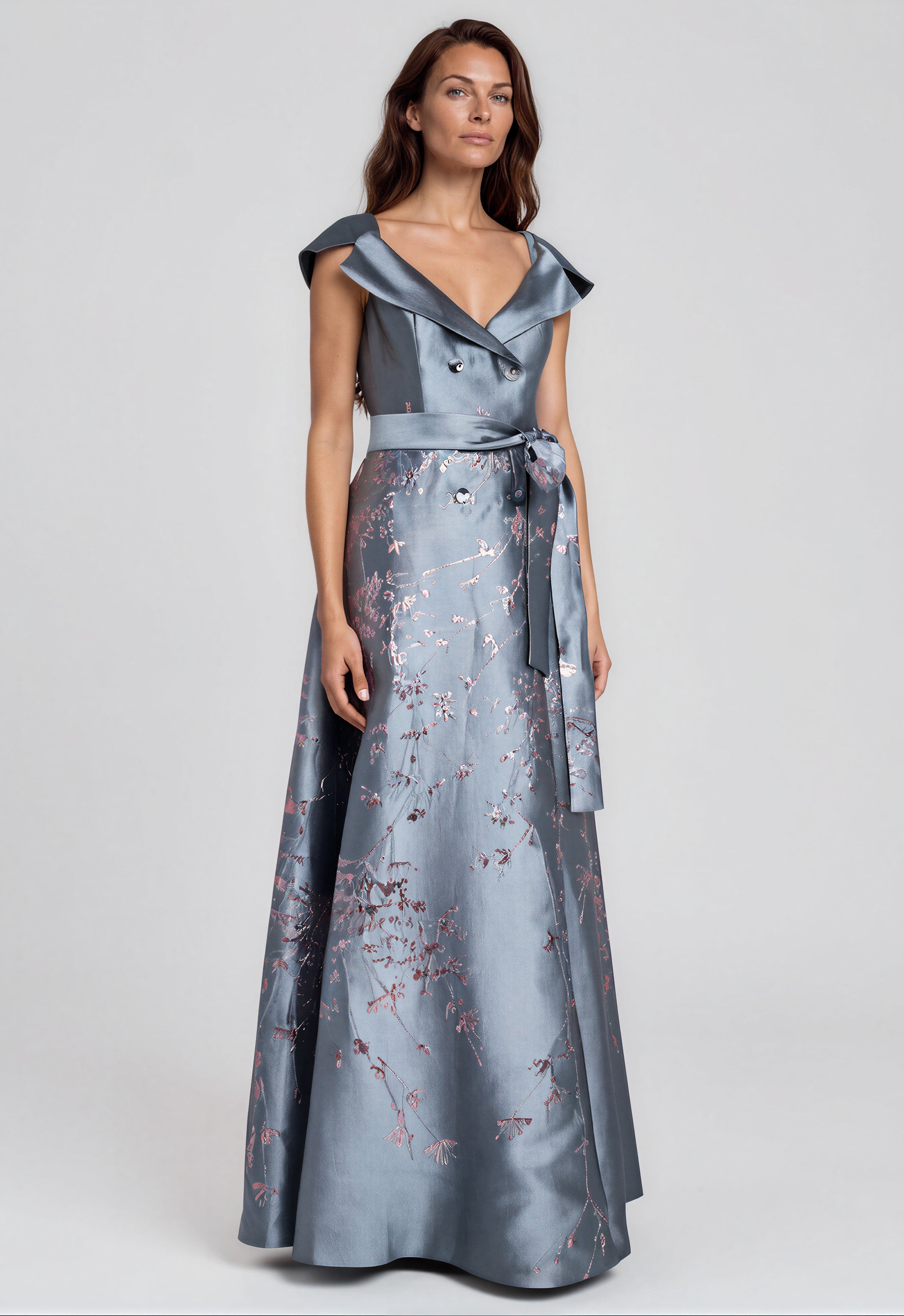 Double-Breasted Metallic Jacquard Gown