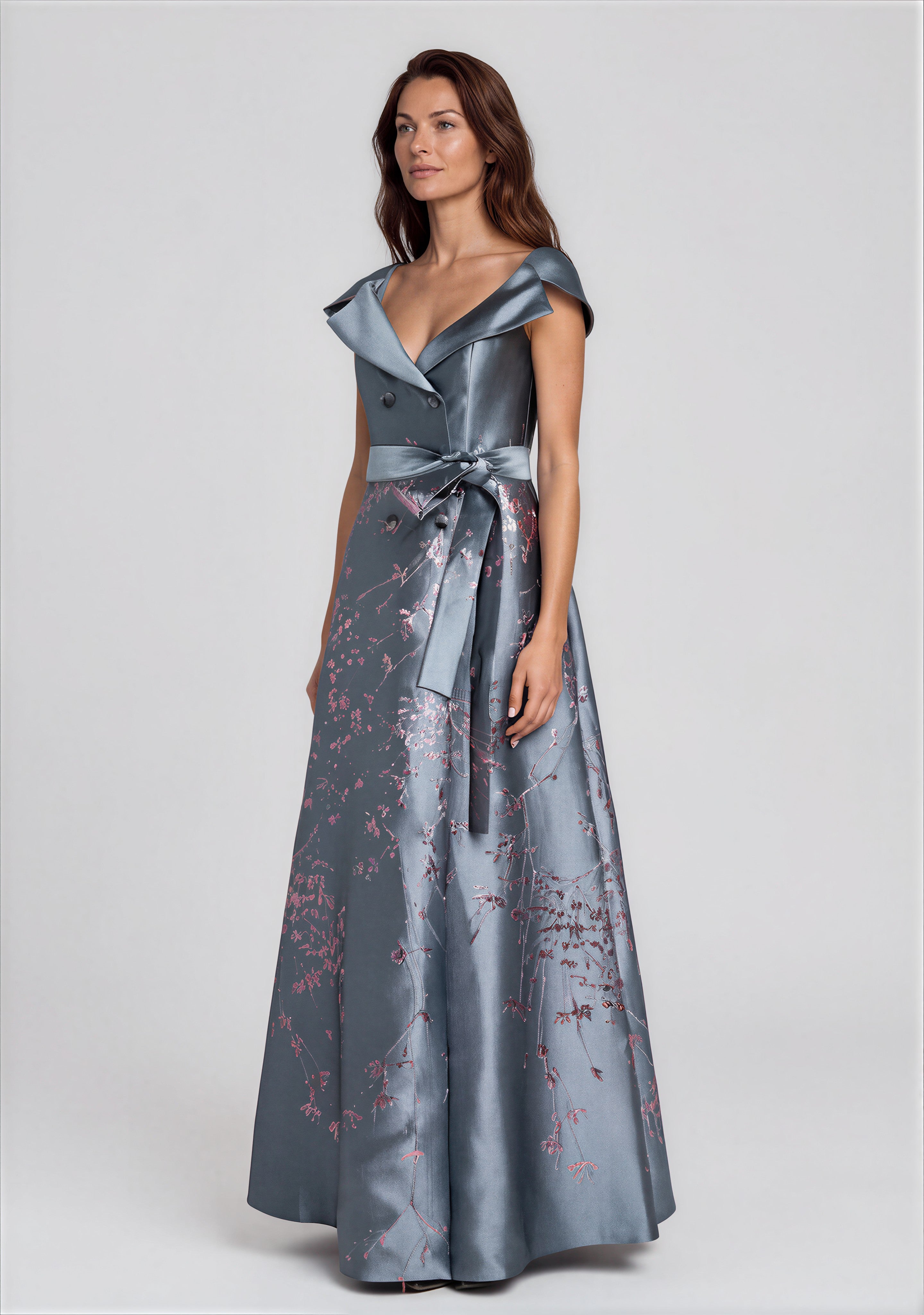 Double-Breasted Metallic Jacquard Gown