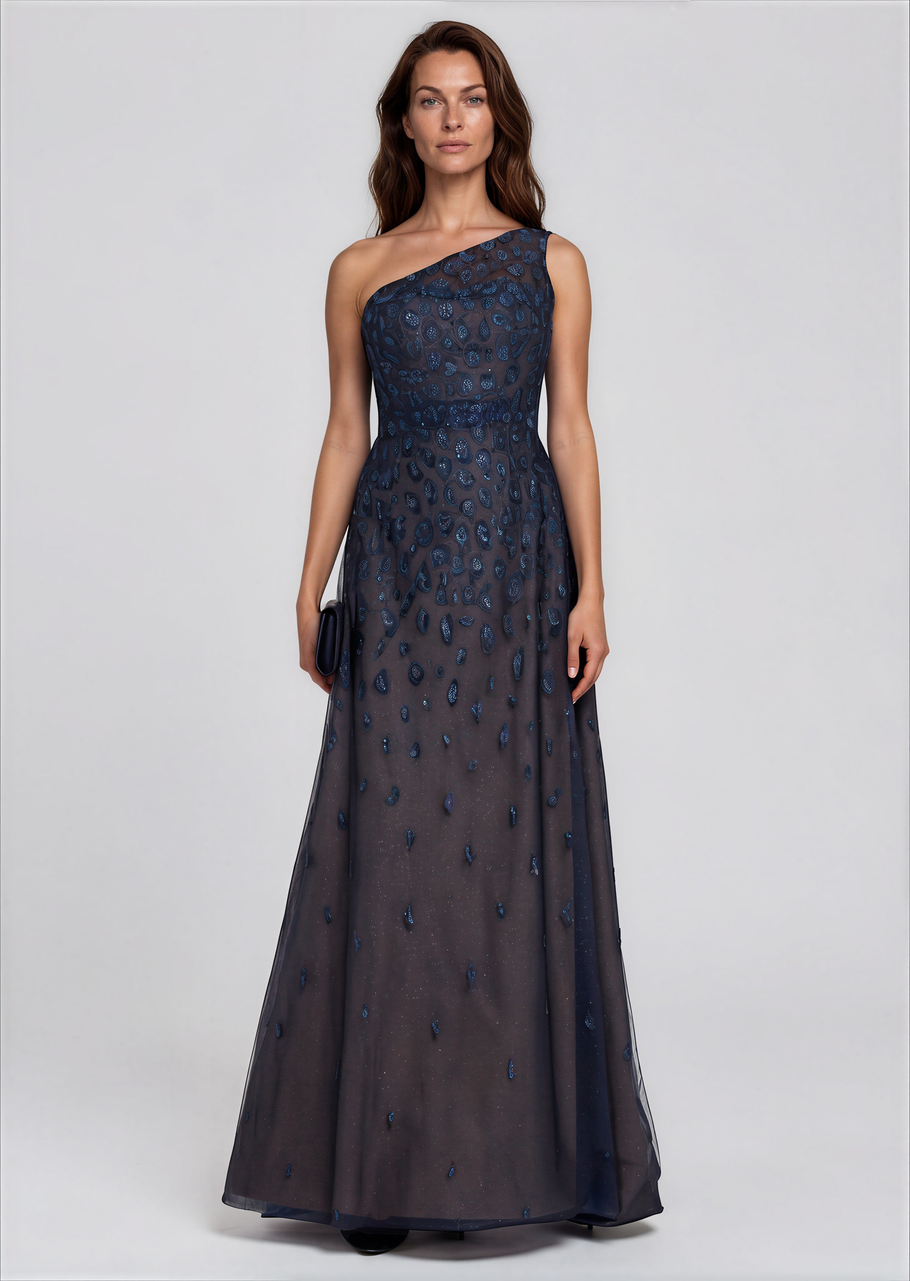 Metallic Embroidered One-Shoulder Gown