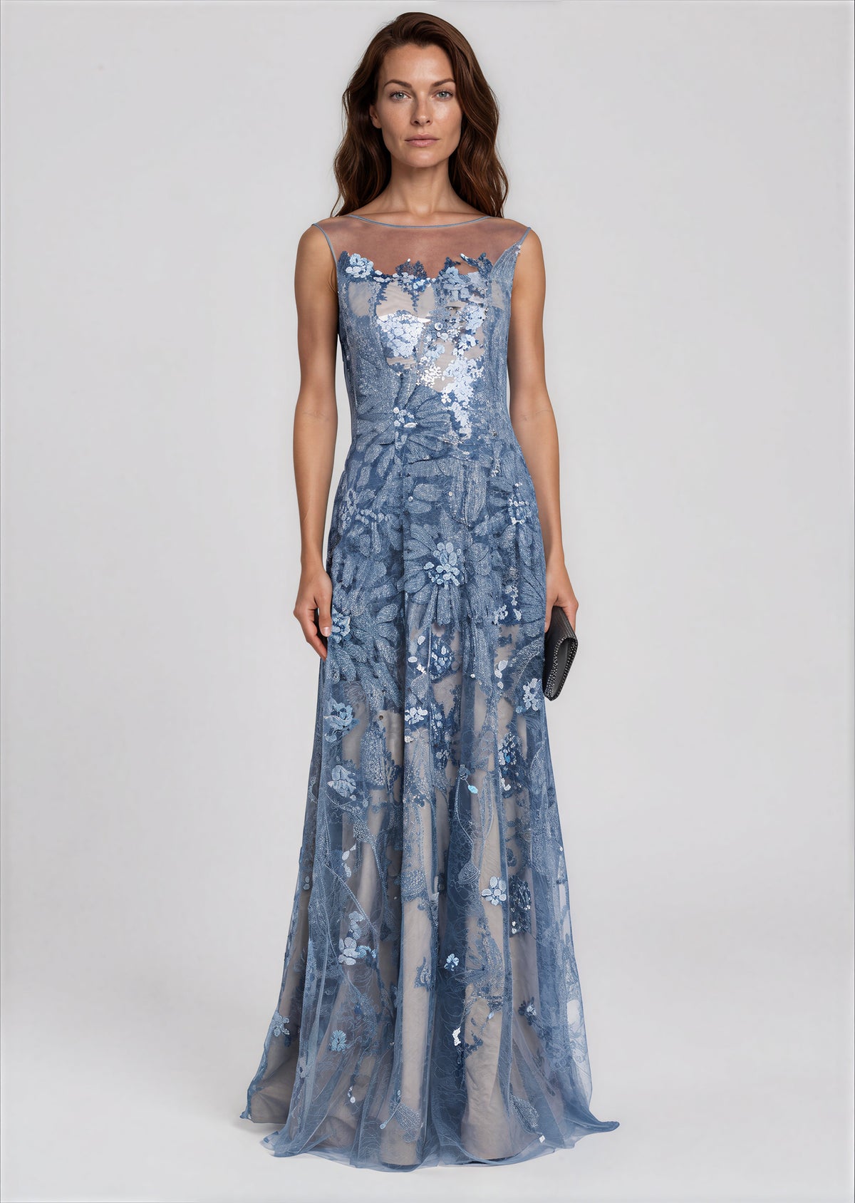 Illusion Neck Embroidered Sequin Fit and Flare Gown Gown Rene Ruiz Collection