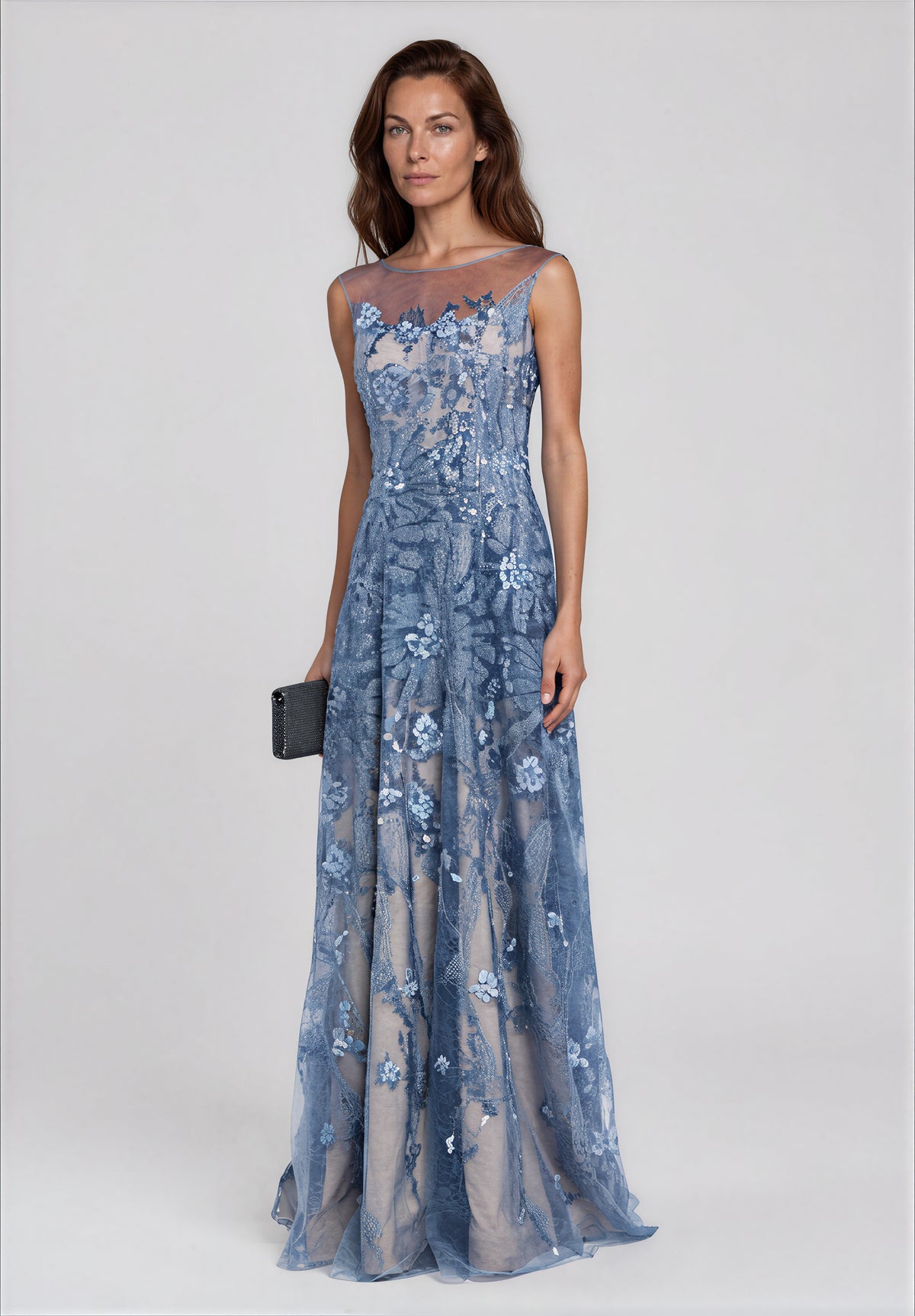 Illusion Neck Embroidered Sequin Fit and Flare Gown Gown Rene Ruiz Collection