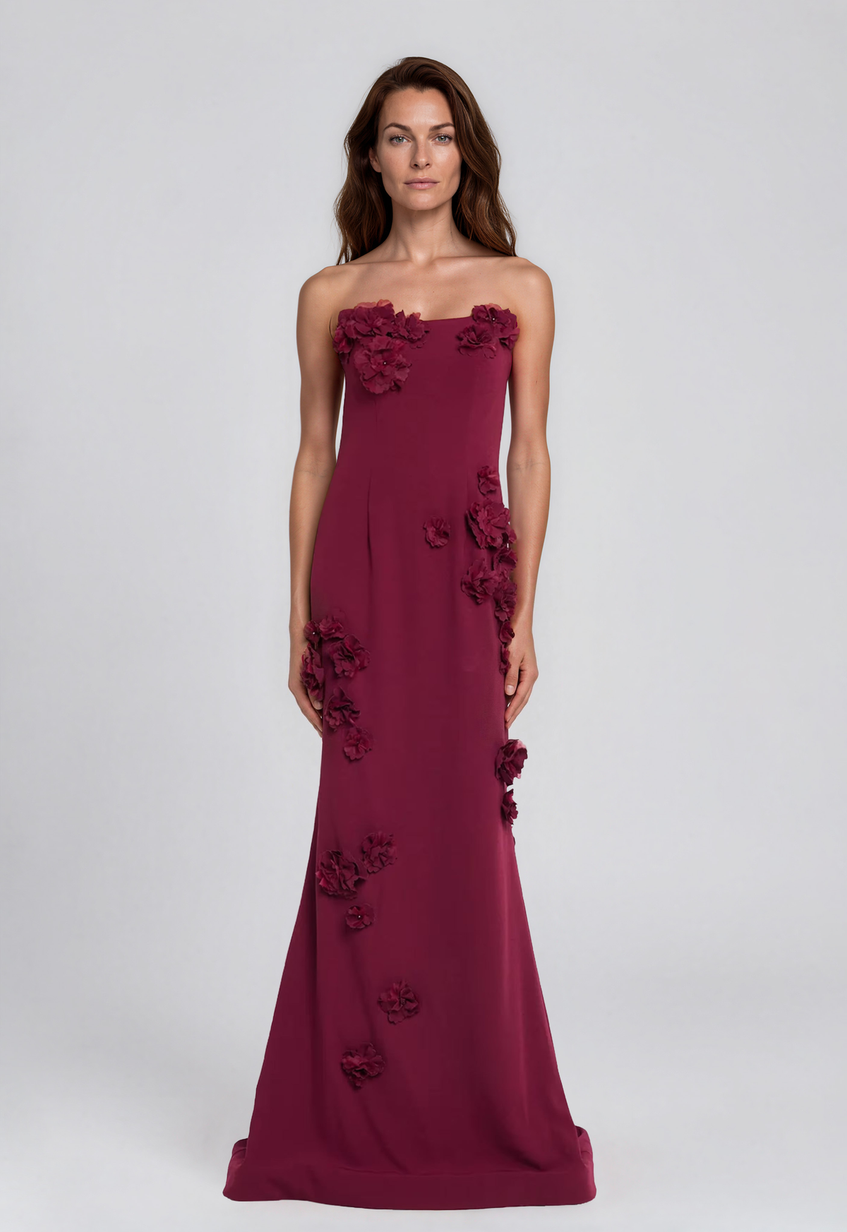 Strapless Crepe 3D Floral Appliqués Fit And Flare Gown Gown Rene Ruiz Collection