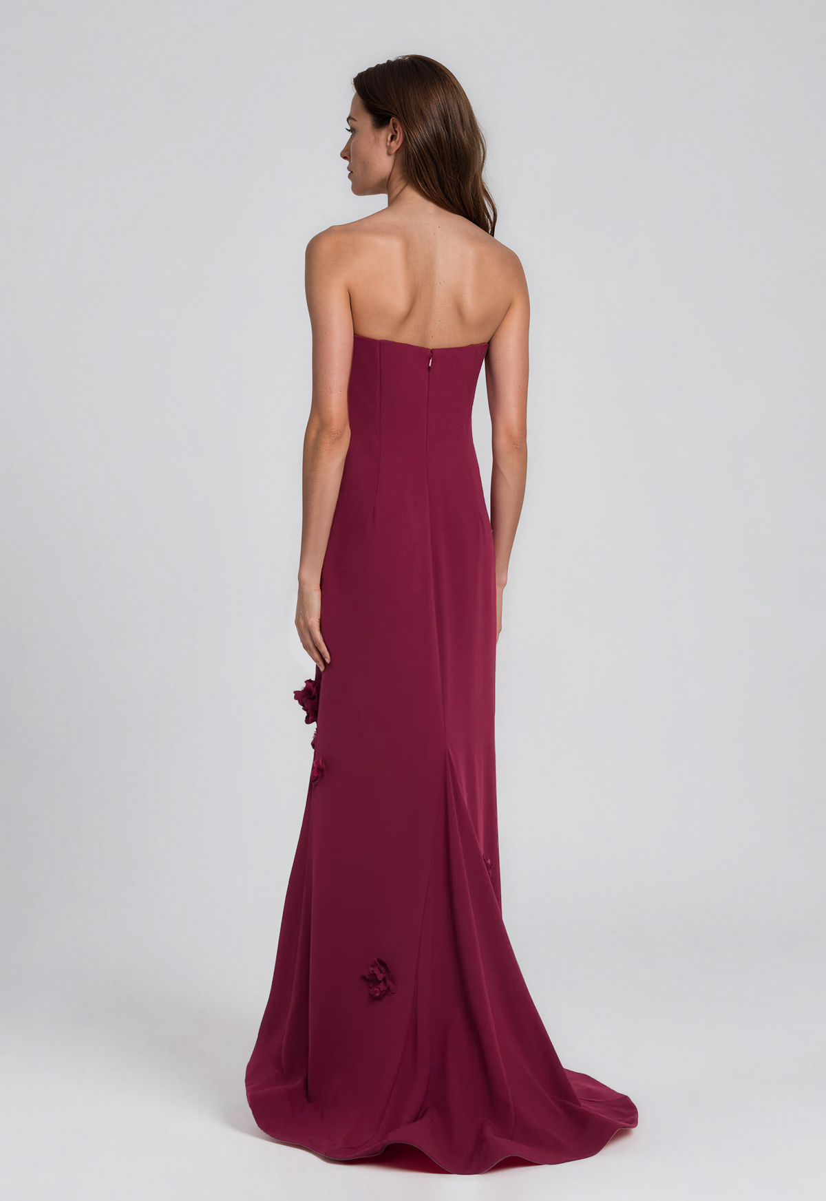 Strapless Crepe 3D Floral Appliqués Fit And Flare Gown Gown Rene Ruiz Collection