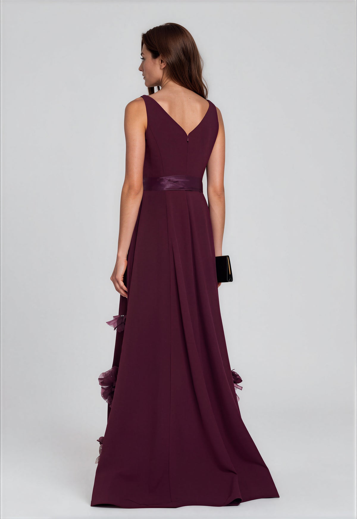 Square-Neck Crepe A-Line Gown with Organza Floral Appliqués and Sash Gown Rene Ruiz Collection