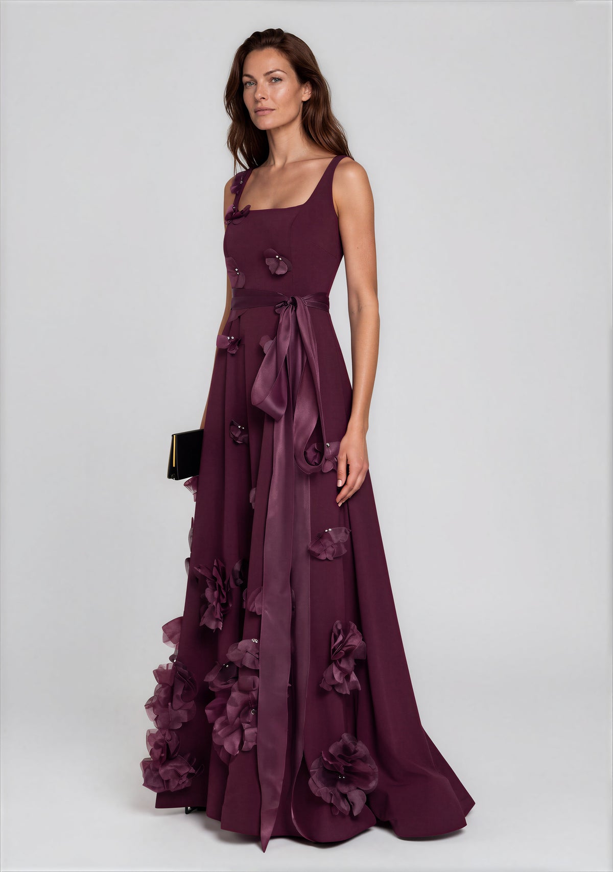 Square-Neck Crepe A-Line Gown with Organza Floral Appliqués and Sash Gown Rene Ruiz Collection