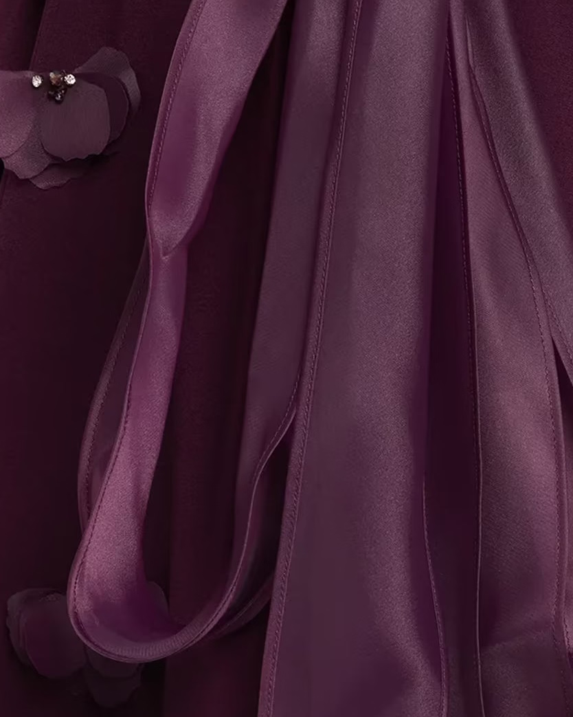 Square-Neck Crepe A-Line Gown with Organza Floral Appliqués and Sash Gown Rene Ruiz Collection