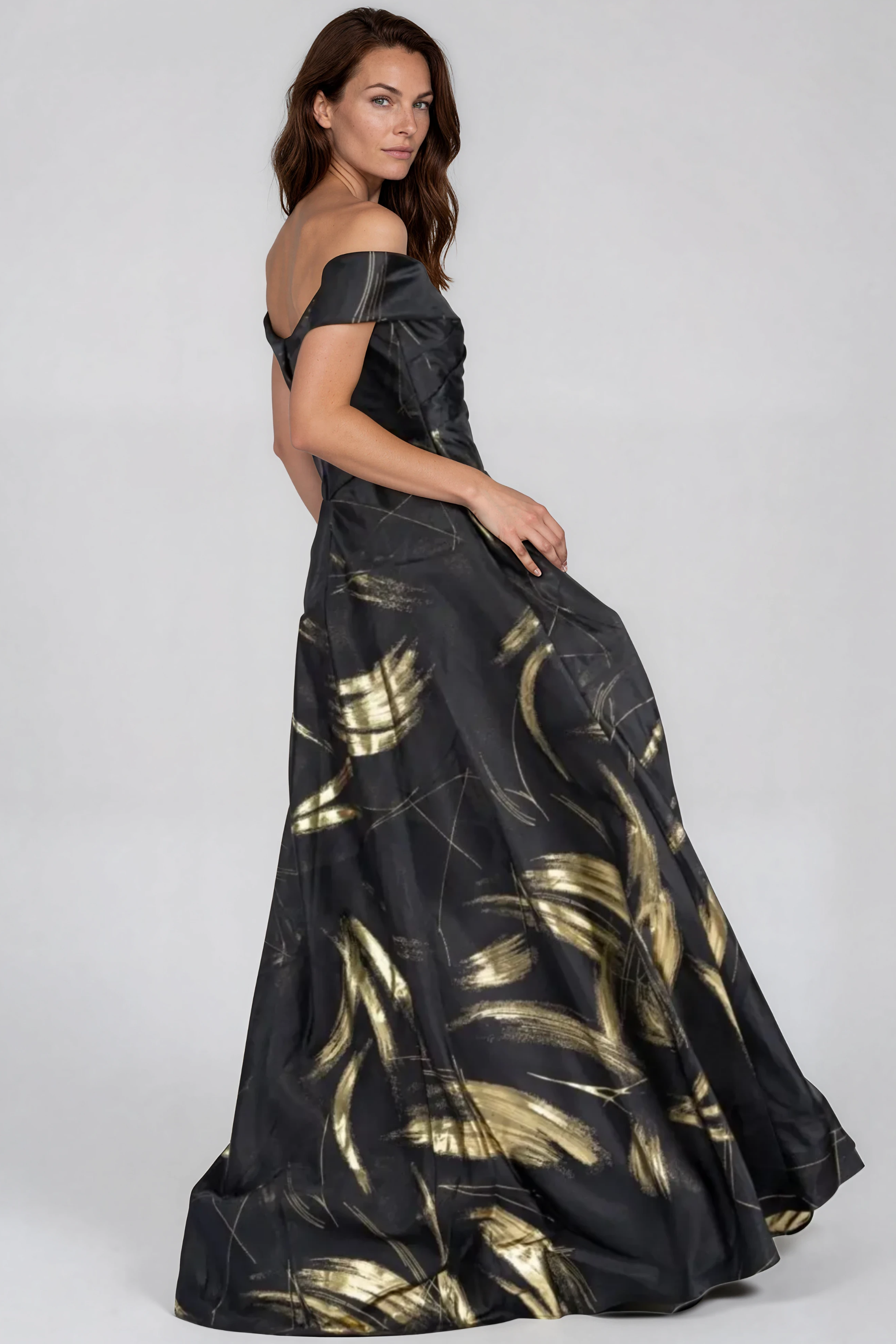 Off The Shoulder Brocade Gown Gown Rene Ruiz Collection