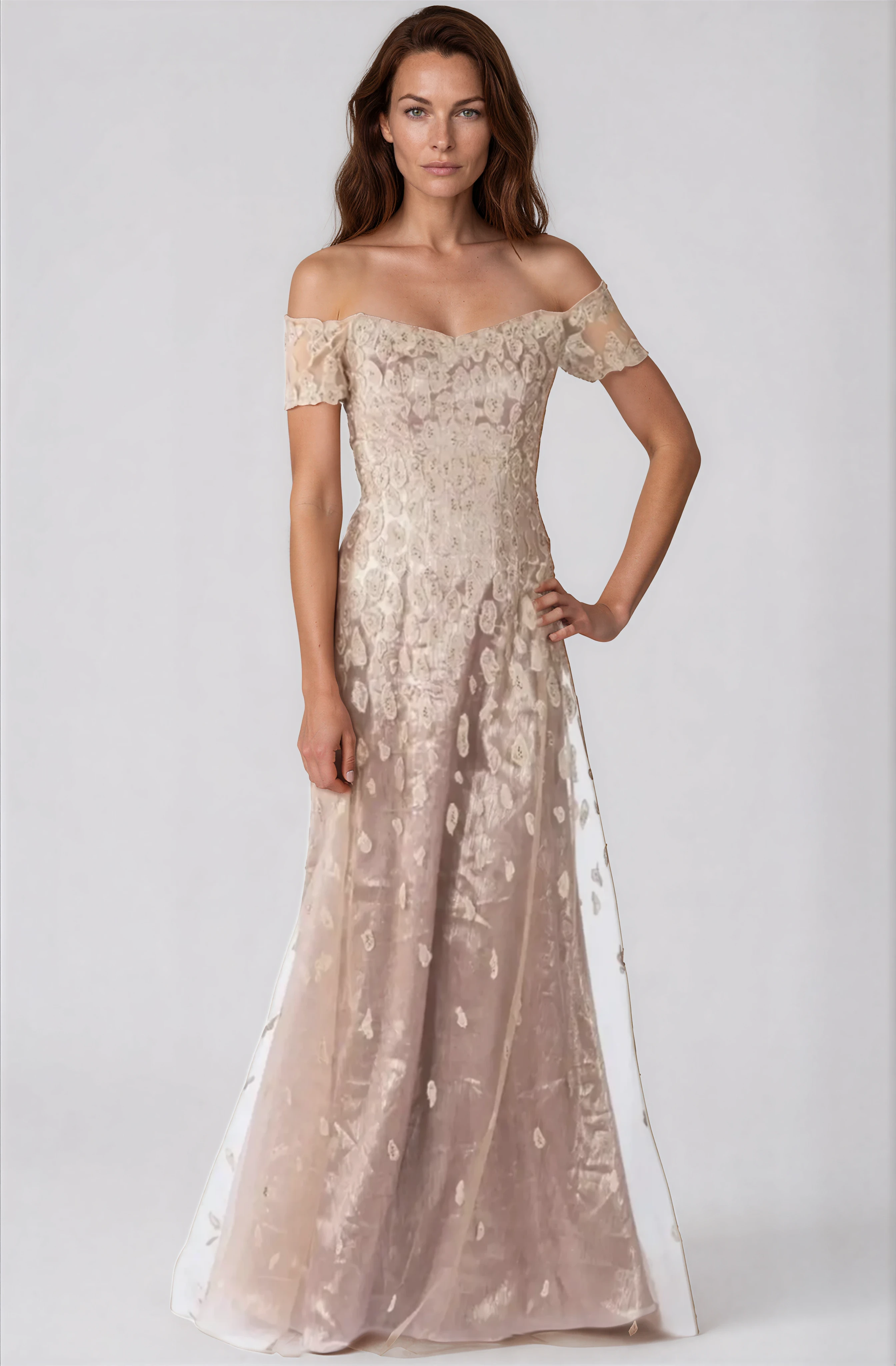 Off The Shoulder A-Line Embroidered Gown Gown Rene Ruiz Collection 0 Gold