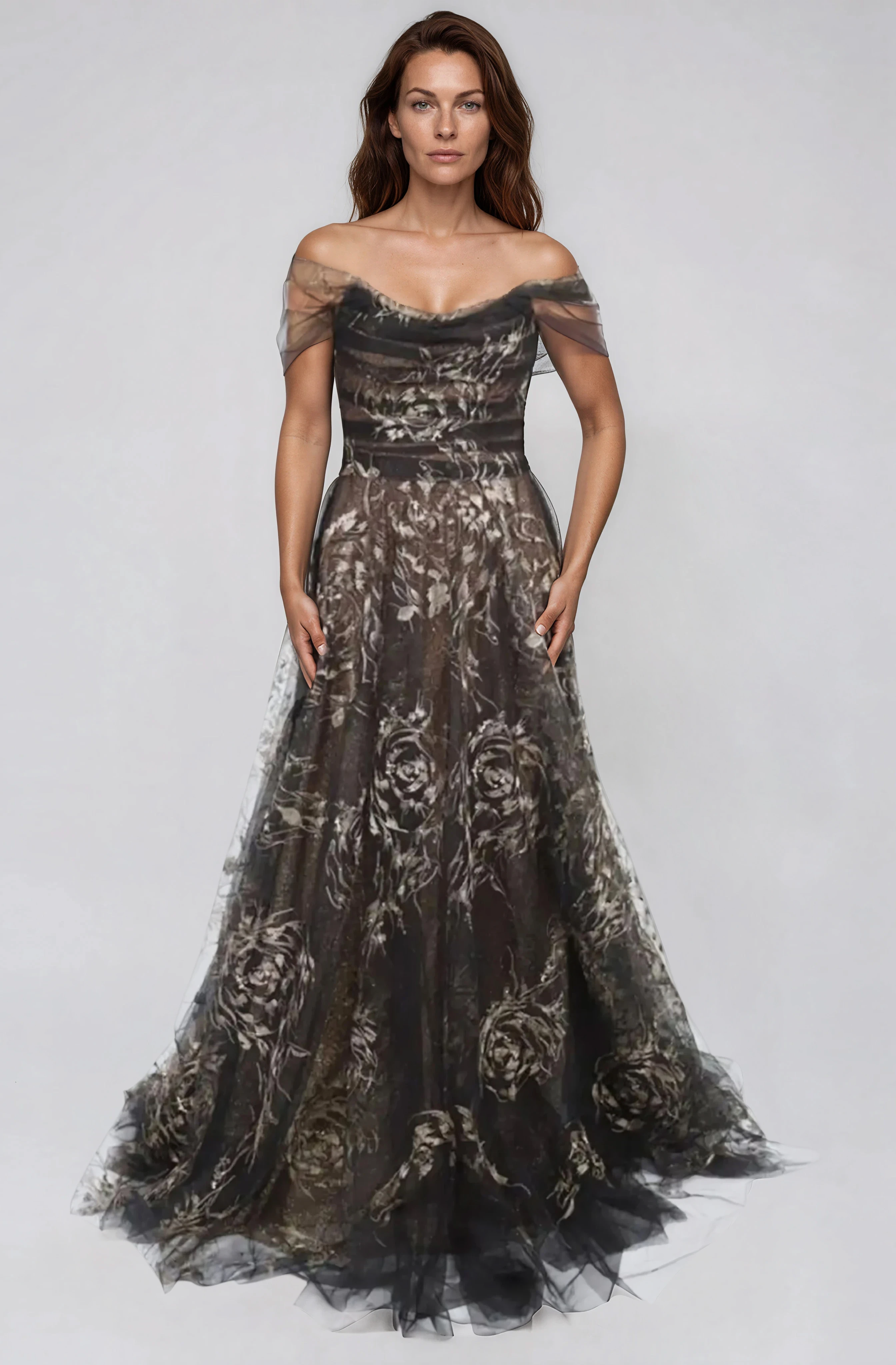 Off The Shoulder Draped A-Line Embroidered Gown Off The Shoulder Draped A-Line Embroidered Gown