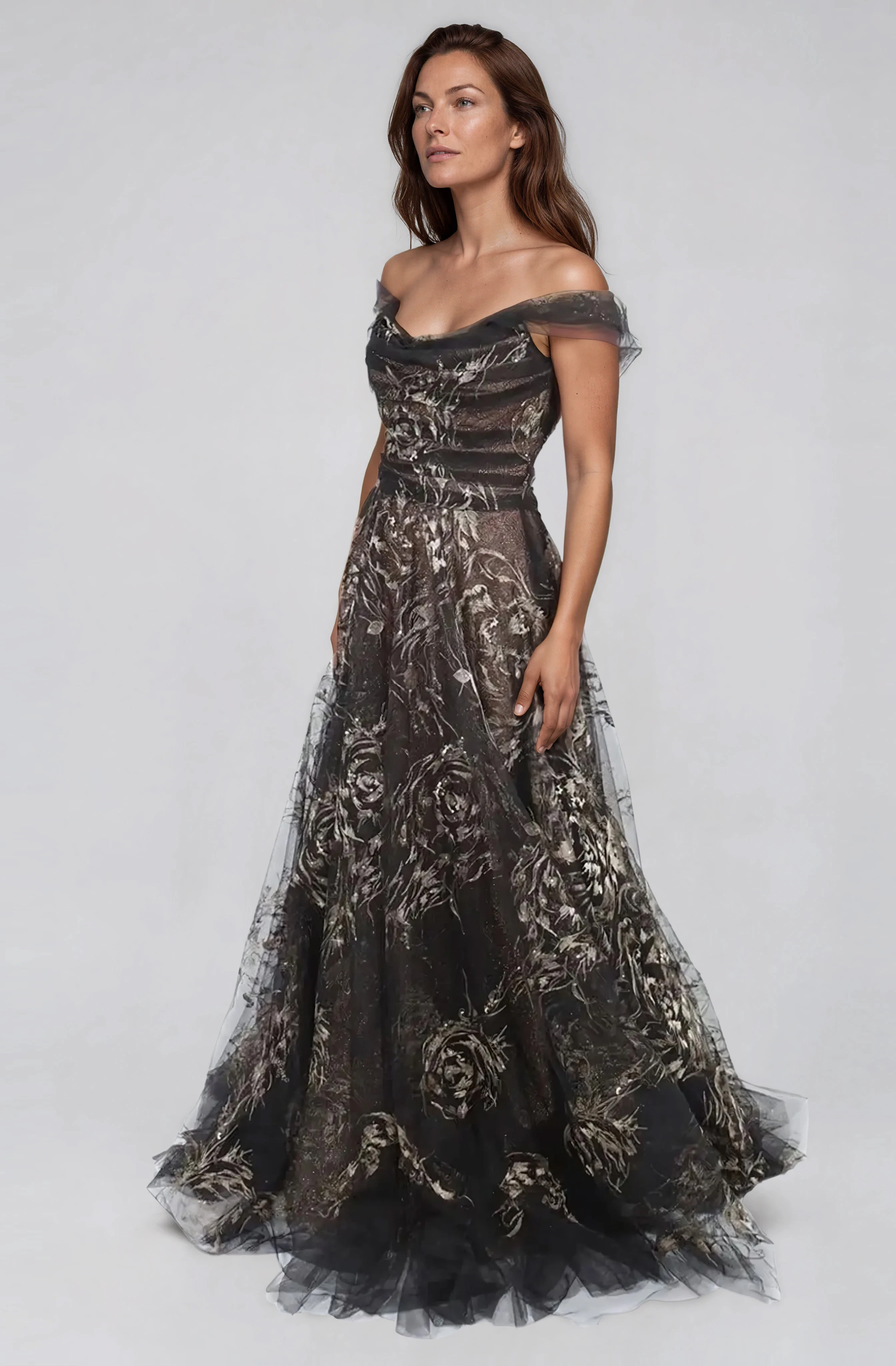 Off The Shoulder Draped A-Line Embroidered Gown Gown Rene Ruiz Collection