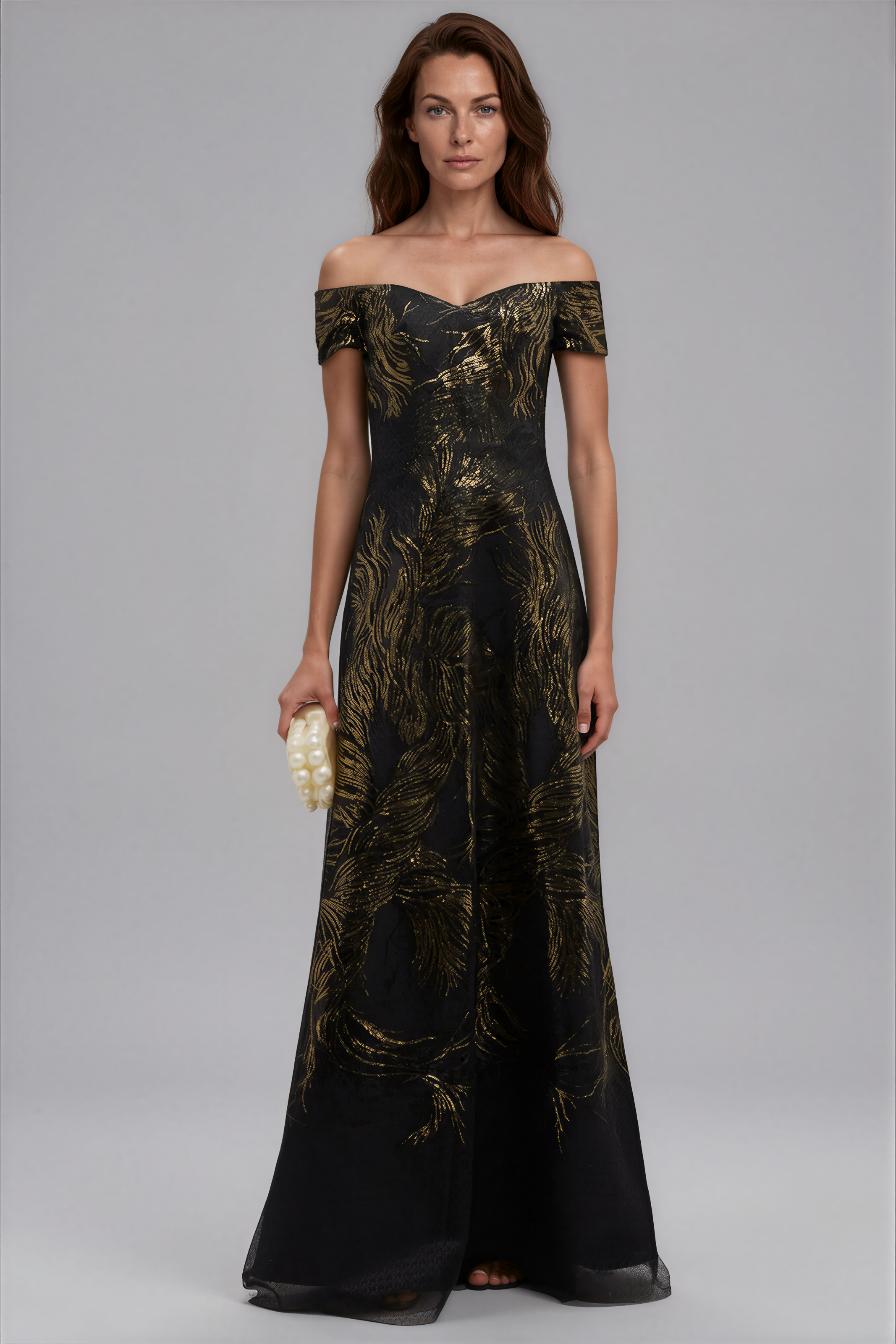 Off The Shoulder Embroidered Sequin Gown