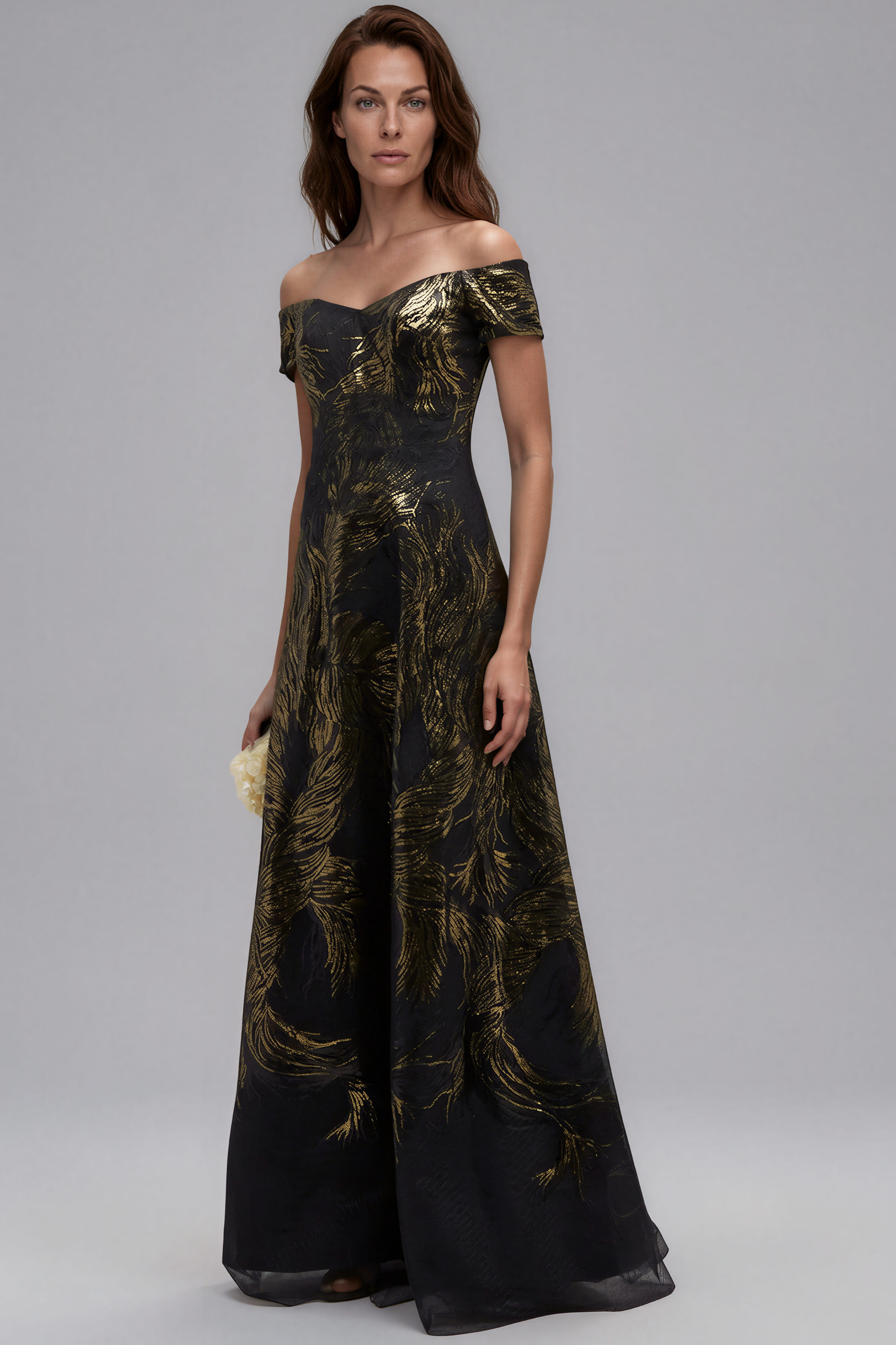 Off The Shoulder Embroidered Sequin Gown Gown Rene Ruiz Collection