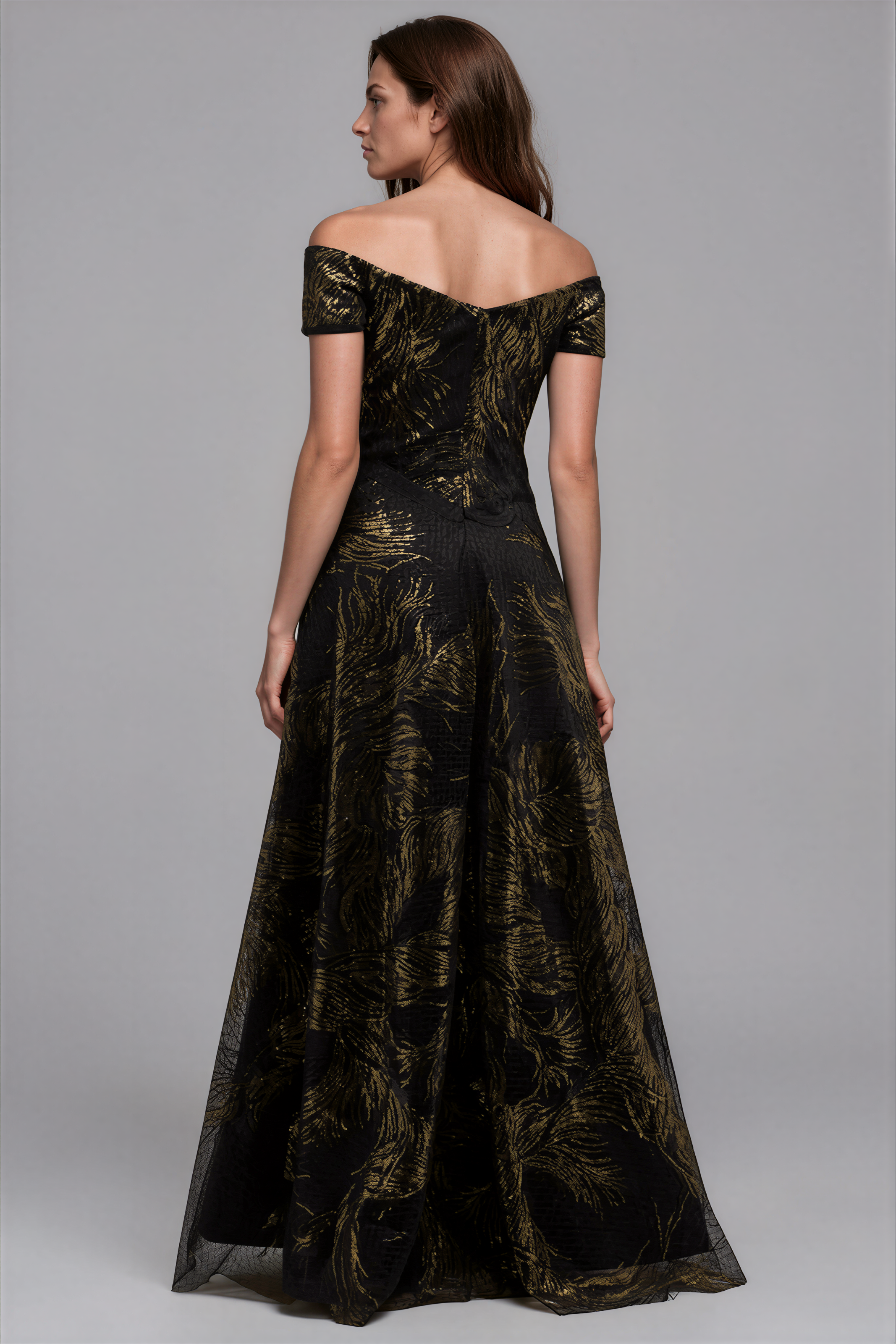 Off The Shoulder Embroidered Sequin Gown
