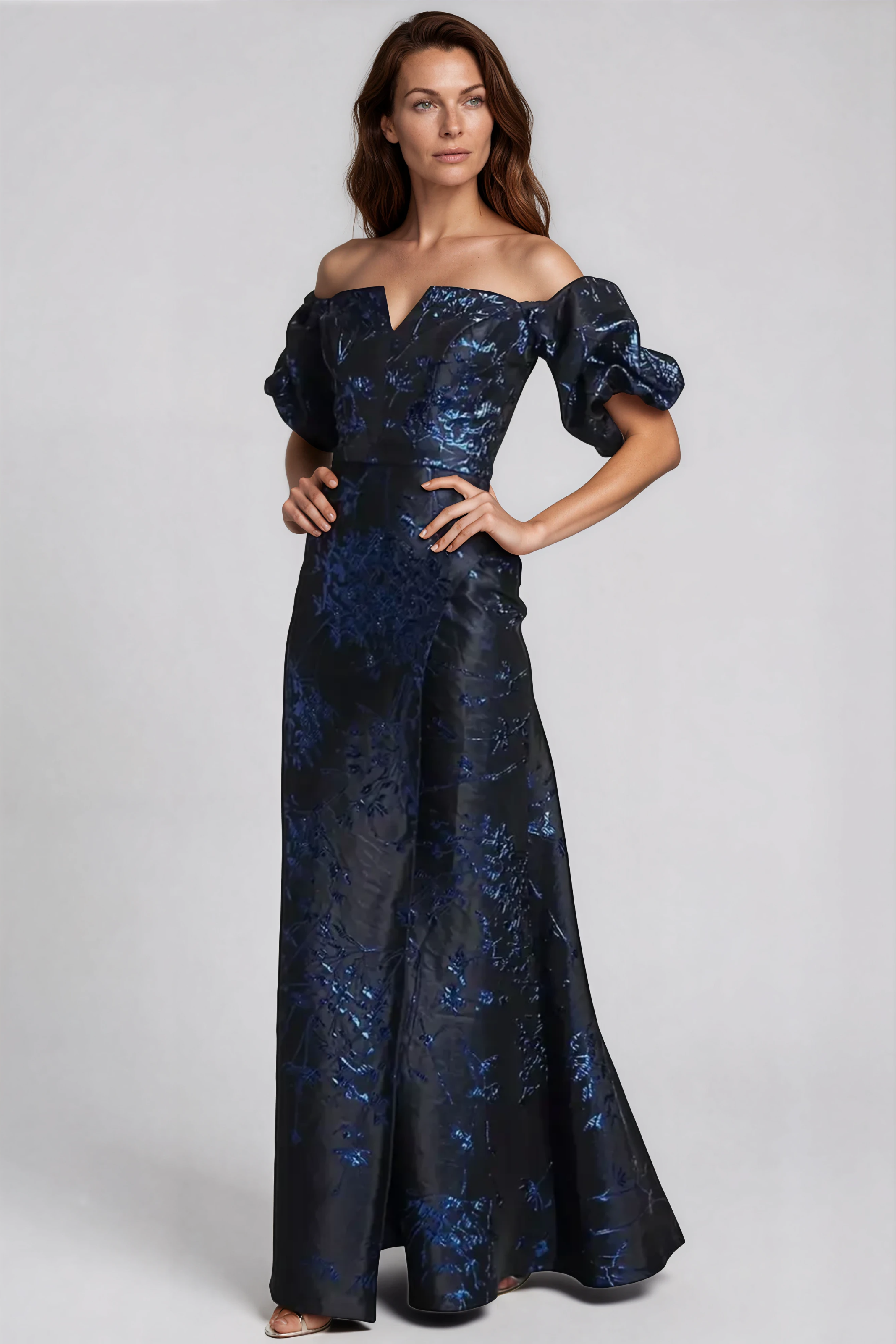 Off The Shoulder Puff Sleeve Brocade Gown Gown Rene Ruiz Collection