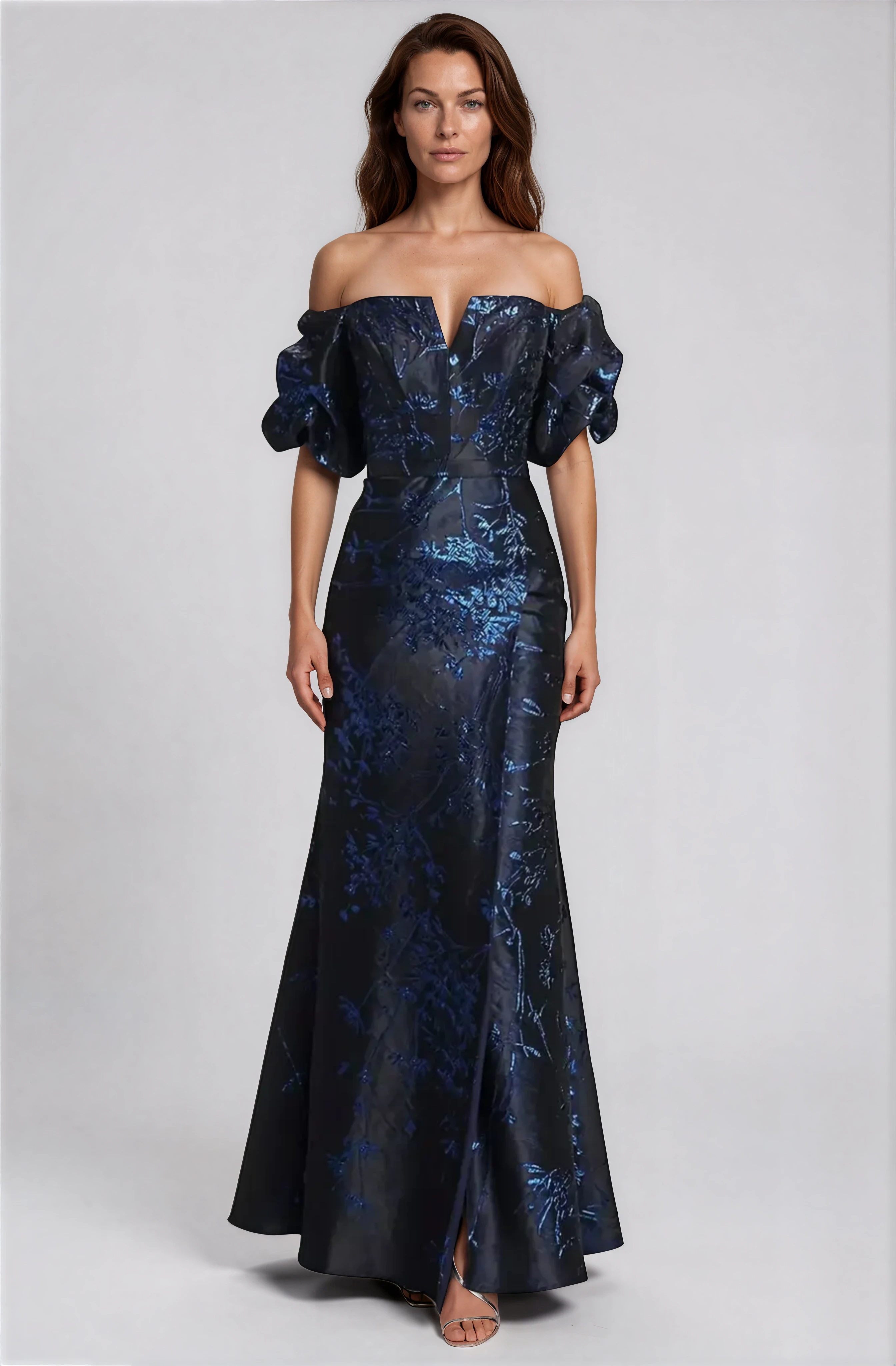 Off The Shoulder Puff Sleeve Brocade Gown
