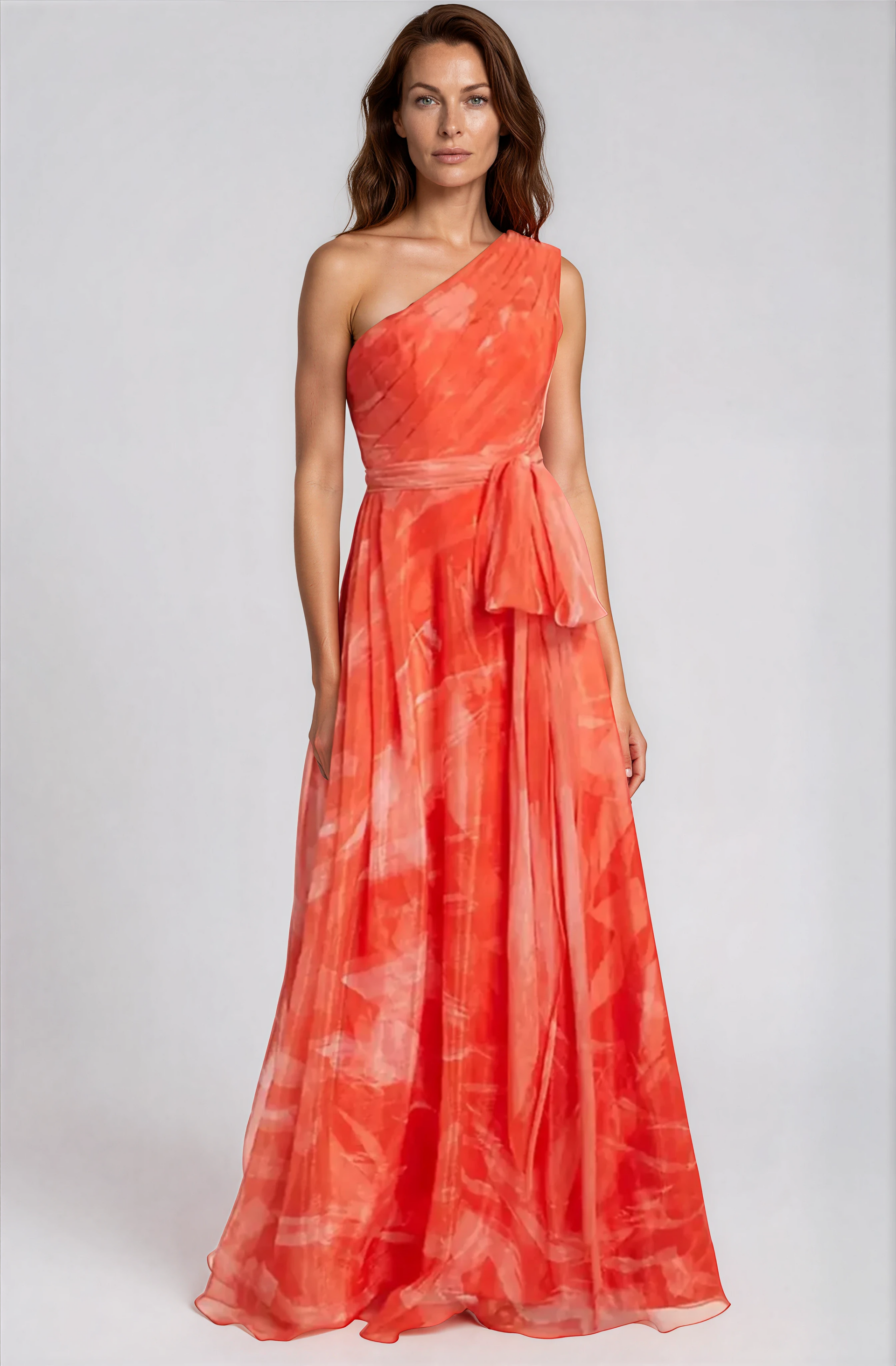 One Shoulder Draped Organza Gown With Belt - Rene Ruiz Collection