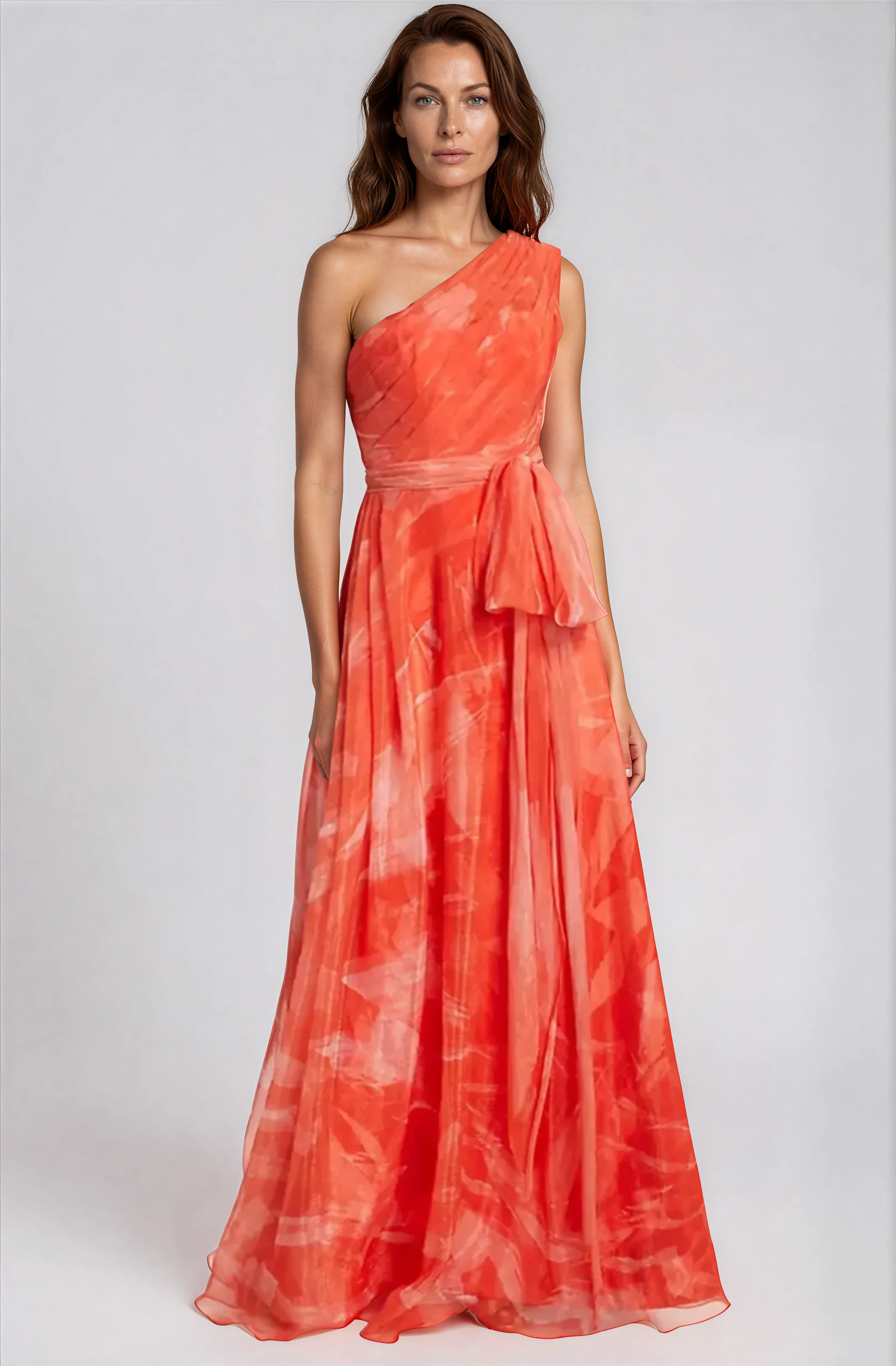 One Shoulder Draped Organza Gown With Belt