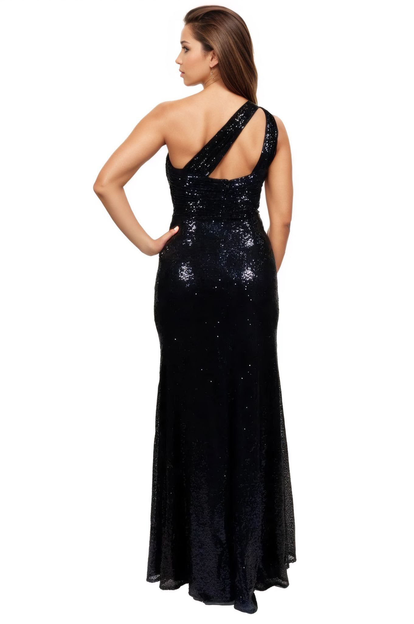 One Shoulder Draped Sequin Gown  